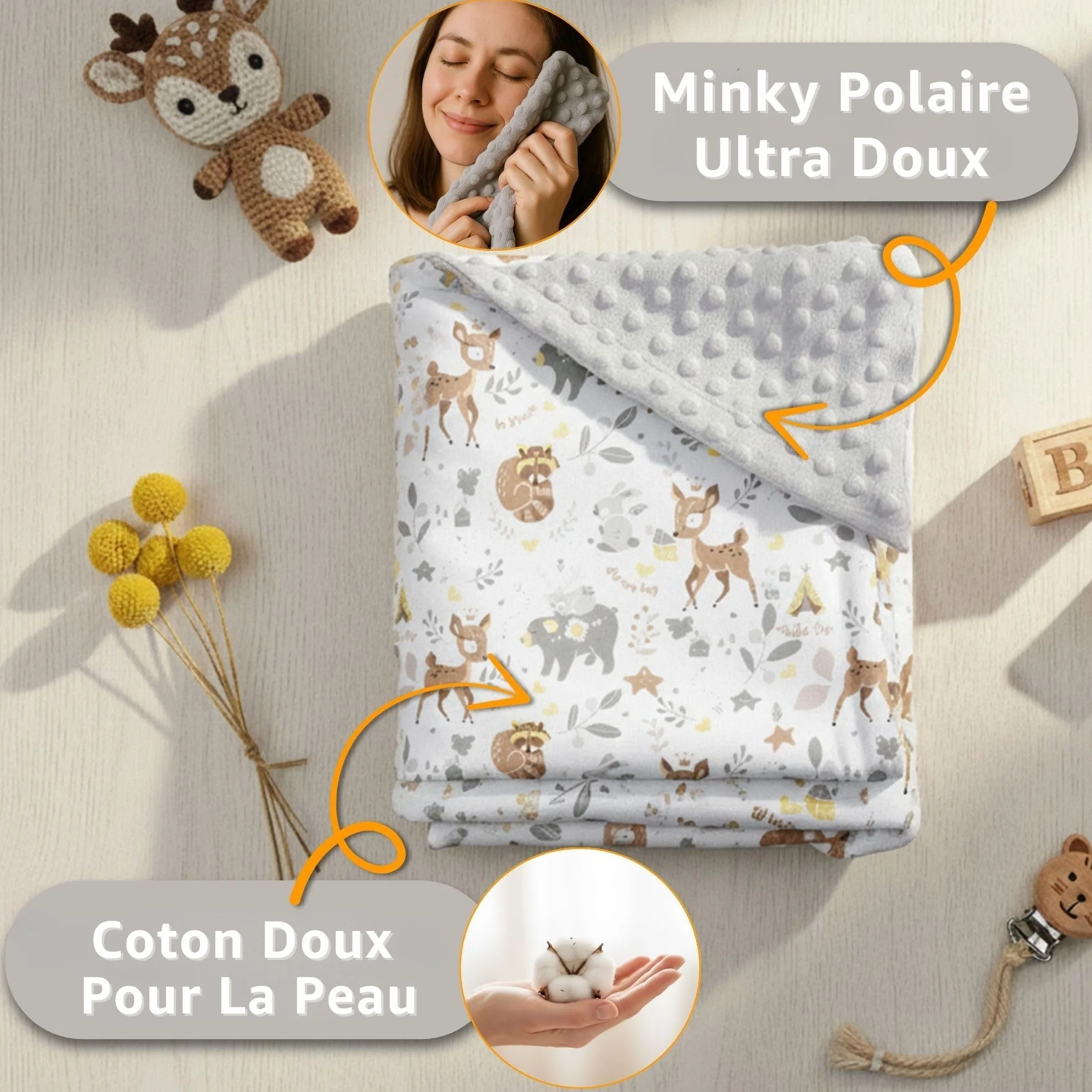 Couverture nid d'ange bébé 90x90 cm Chancelière enveloppante poussette cosy lavable Minky Oeko-Tex Gris Clair