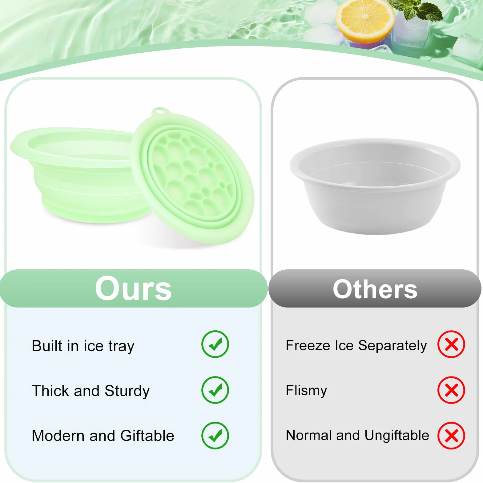 Bol à glace en silicone pliable pour le visage avec plateau à glaçons intégré, lavabo à refroidissement rapide