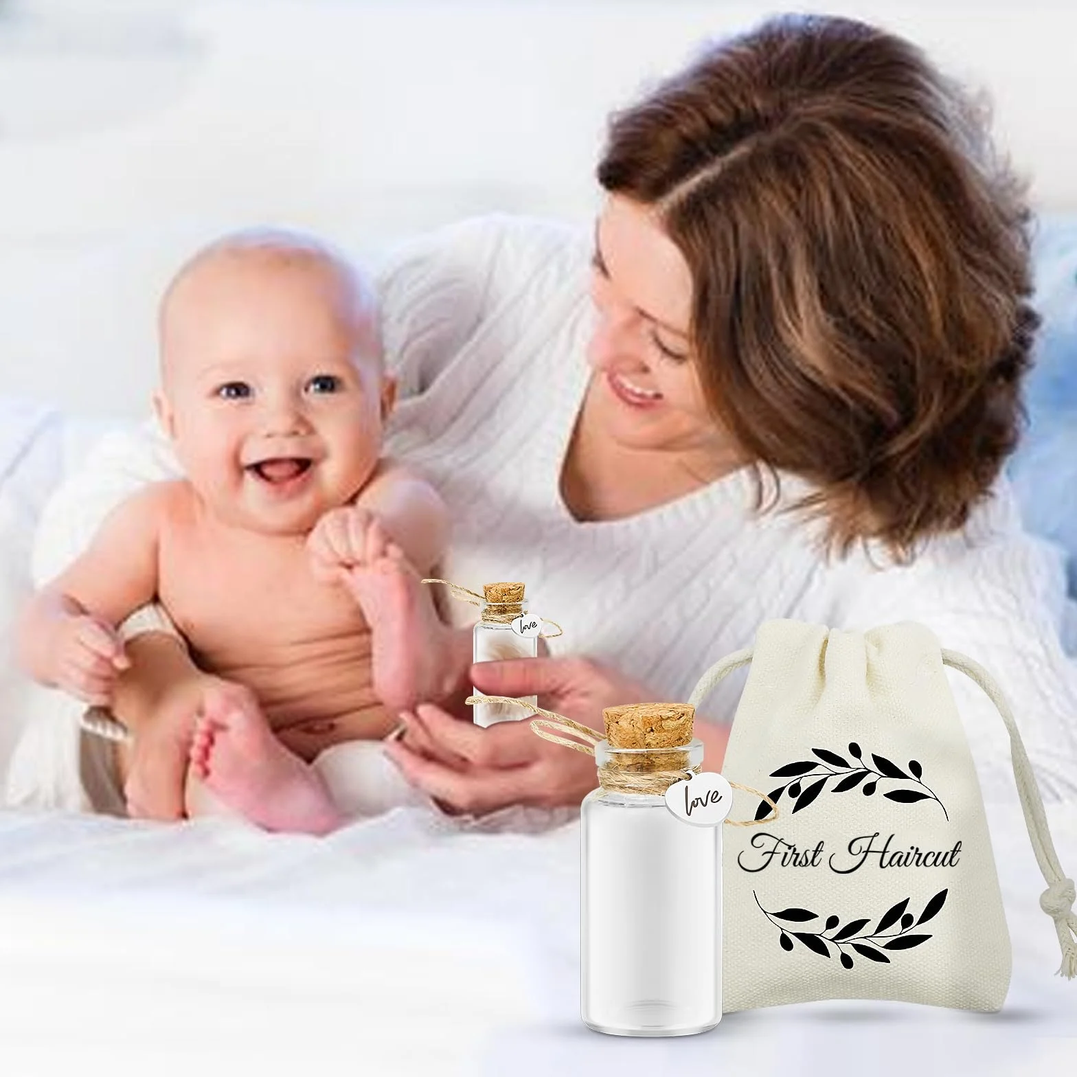 Bouteille Souvenir en Verre avec Bouchon en Liège pour Première Coupe de Cheveux de Bébé, Coffret Cadeau