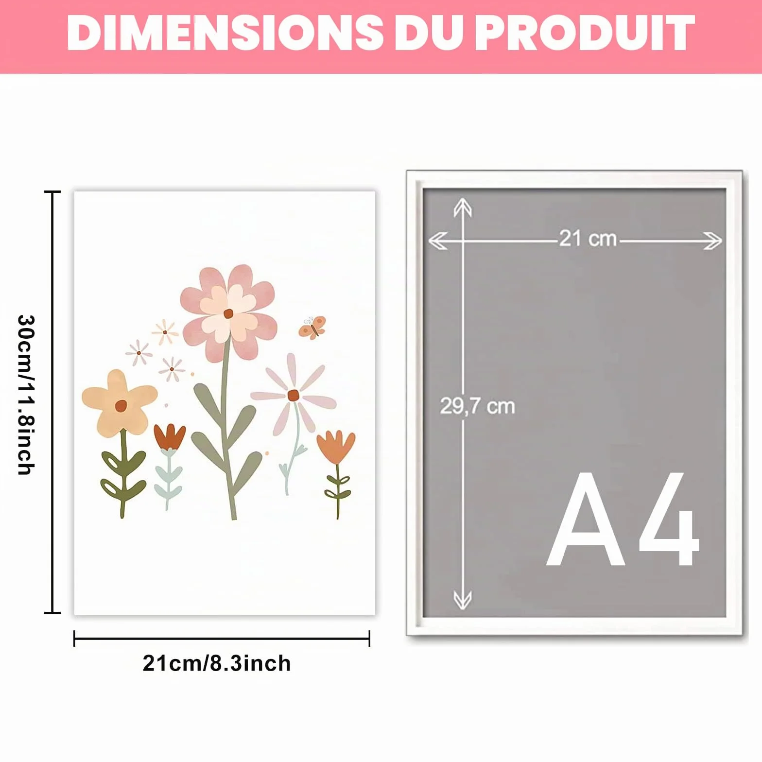 Vegena Lot de 4 tableaux Décoration murale chambre enfant Arc-en-ciel soleil nuage fleurs papillons DIN A4 Bohème