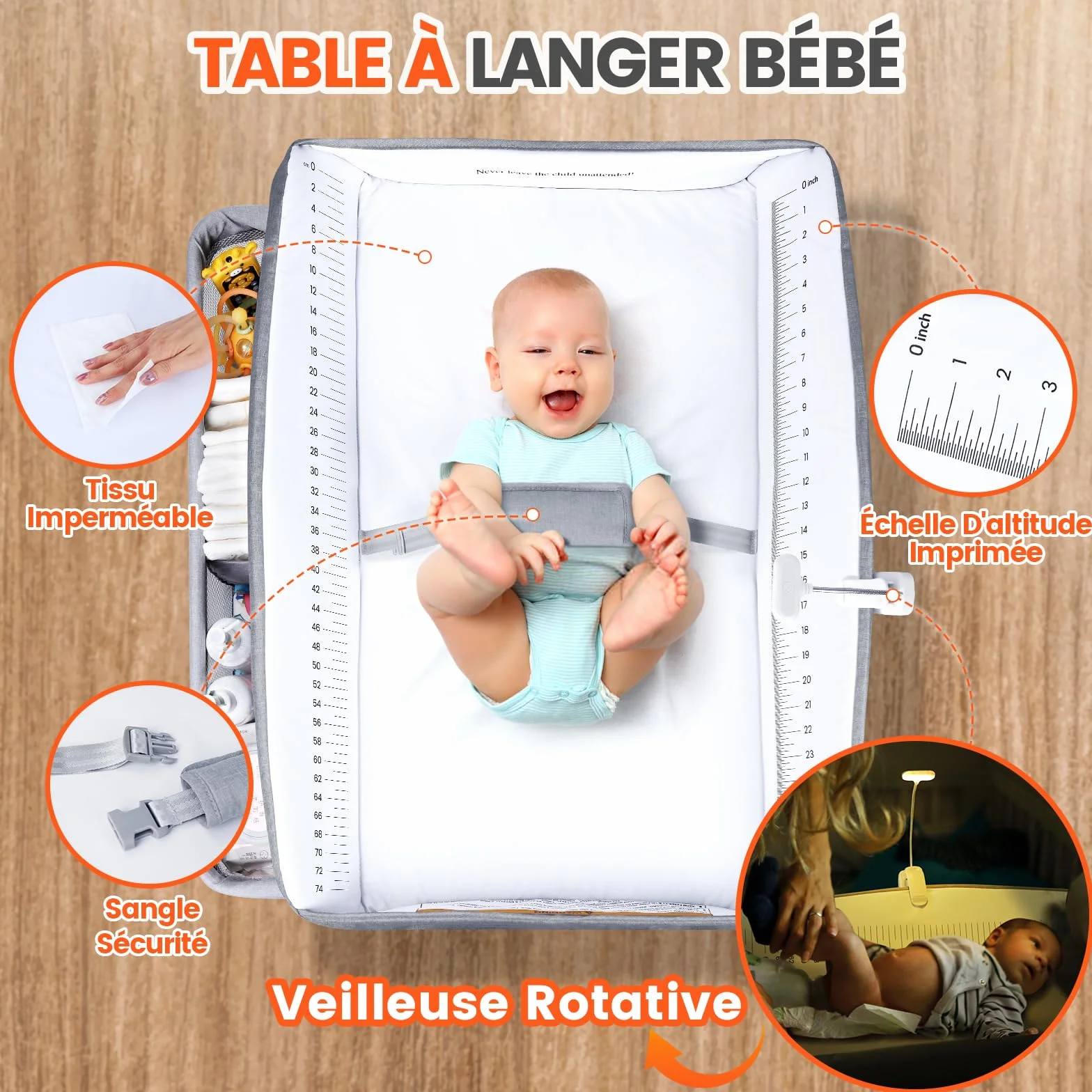Table à Langer Bébé Pliable avec Tiroir et Veilleuse, Hauteur Réglable, Gris