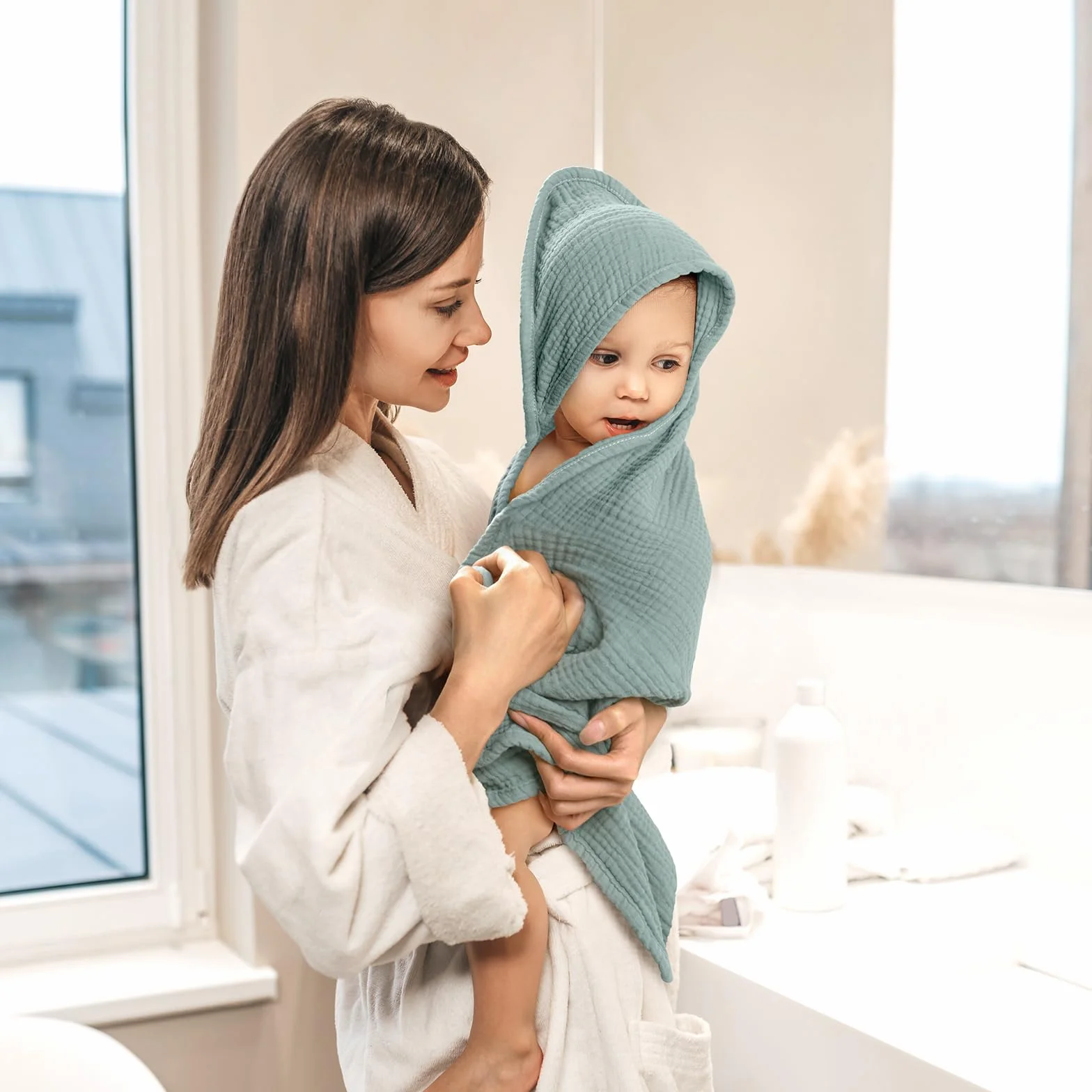 lulumoon Serviette de Bain Bebe 76x76cm Mousseline de Coton Cape de Bain Bebe Douce Absorbante Garde Bebe au Chaud Apres Le Bain 0-18 Mois Vert