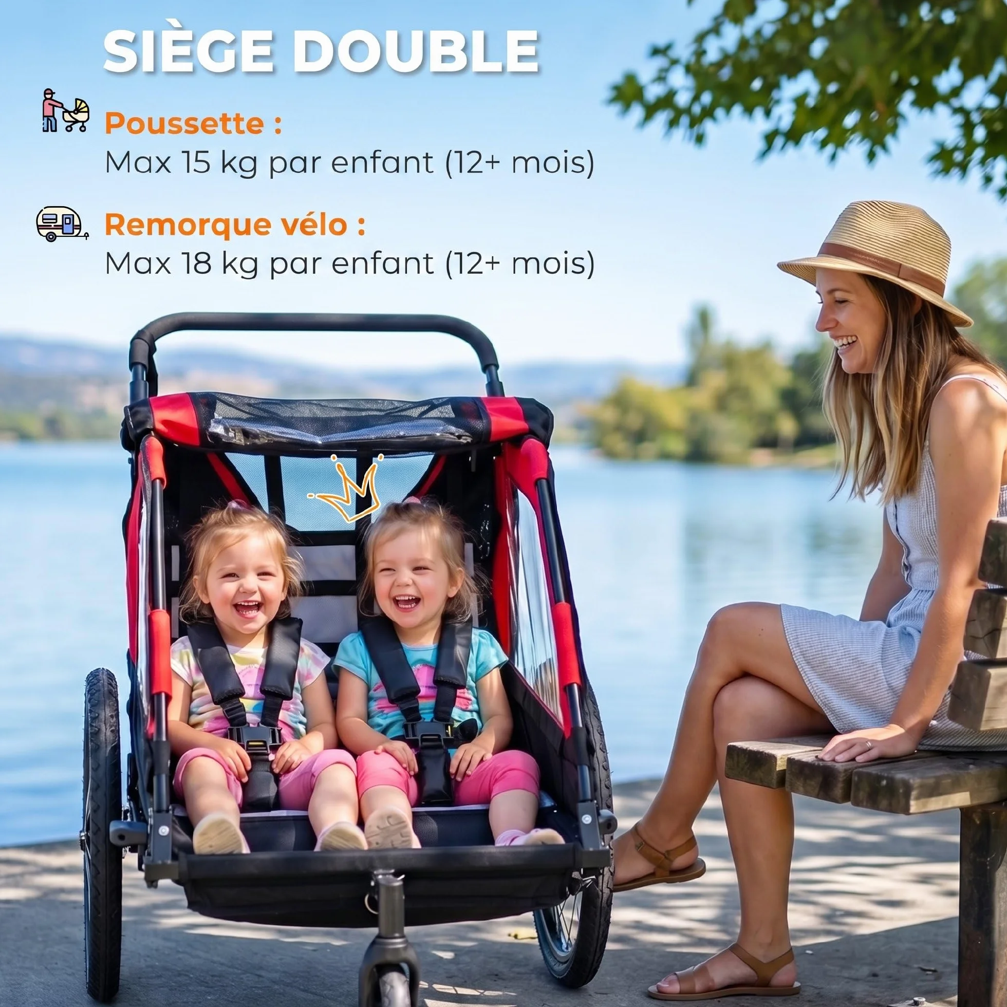 AIYAPLAY Remorque vélo Enfant 2 Places 2 en 1 Poussette bébé Guidon réglable Frein à Main Ceinture sécurité 5 Points attelage Universel 38 kg Rouge