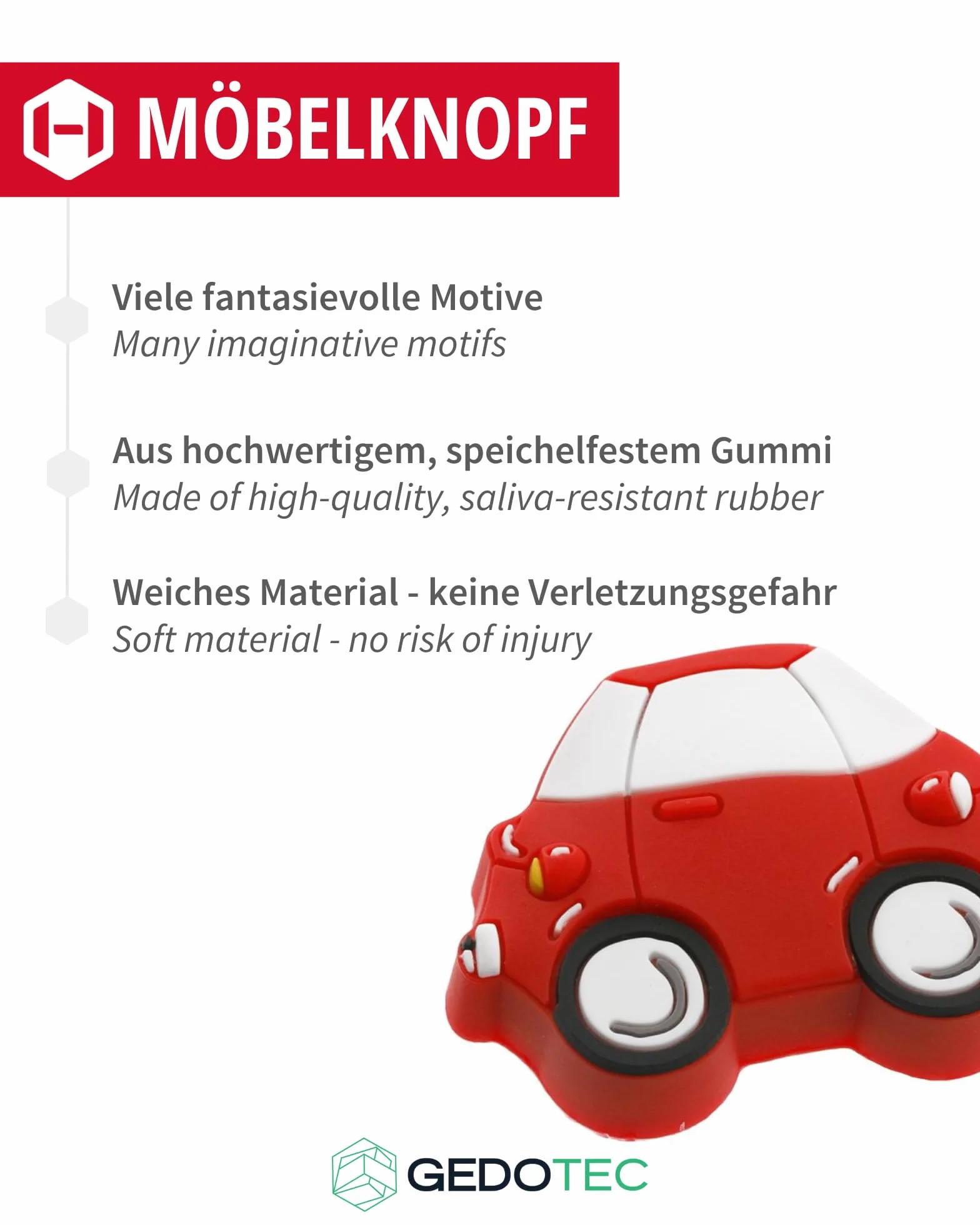 Gedotec Poignées de meubles en caoutchouc pour enfants Voiture 1 pièce Bouton de tiroir élastique résistant à la salive