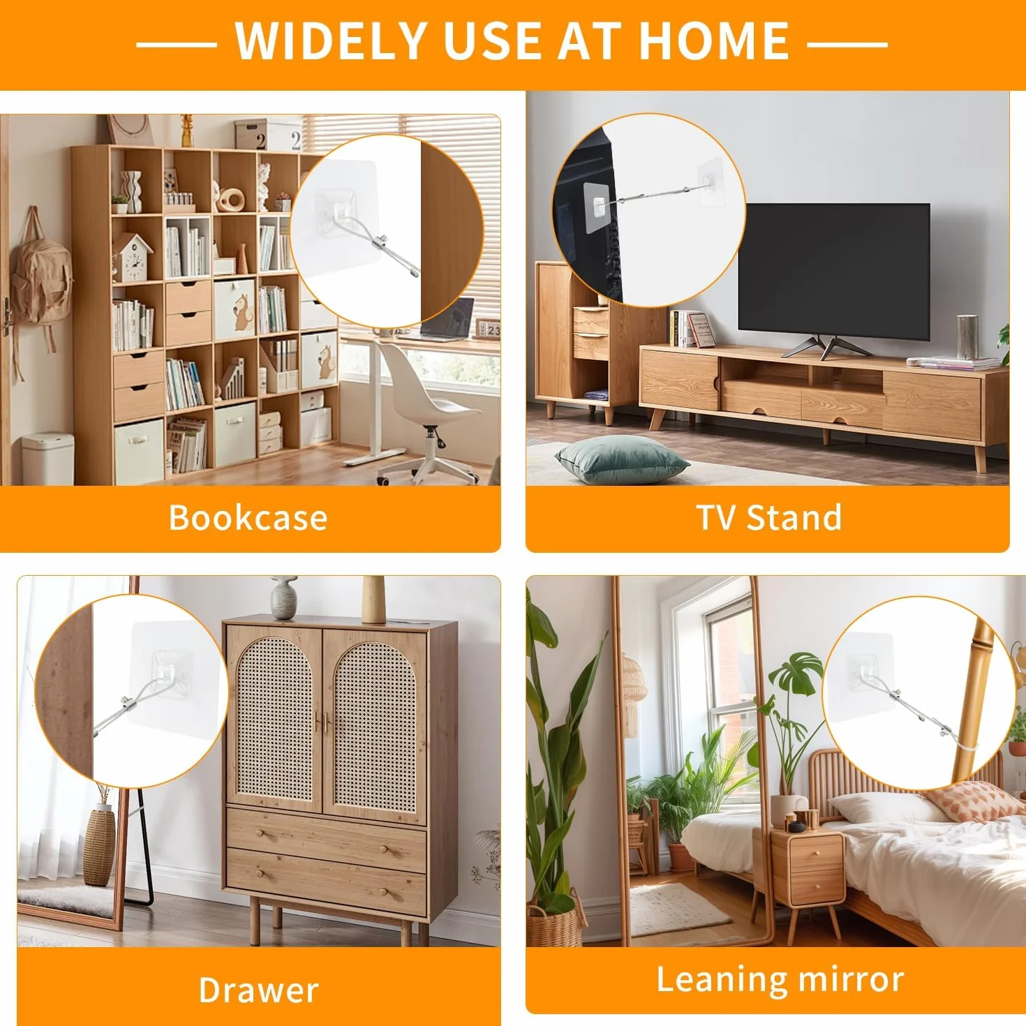 Sangles Anti-Basculement pour TV et Meubles, Sécurité Enfants Animaux, Réglable, 2 Pièces + 4 Patins
