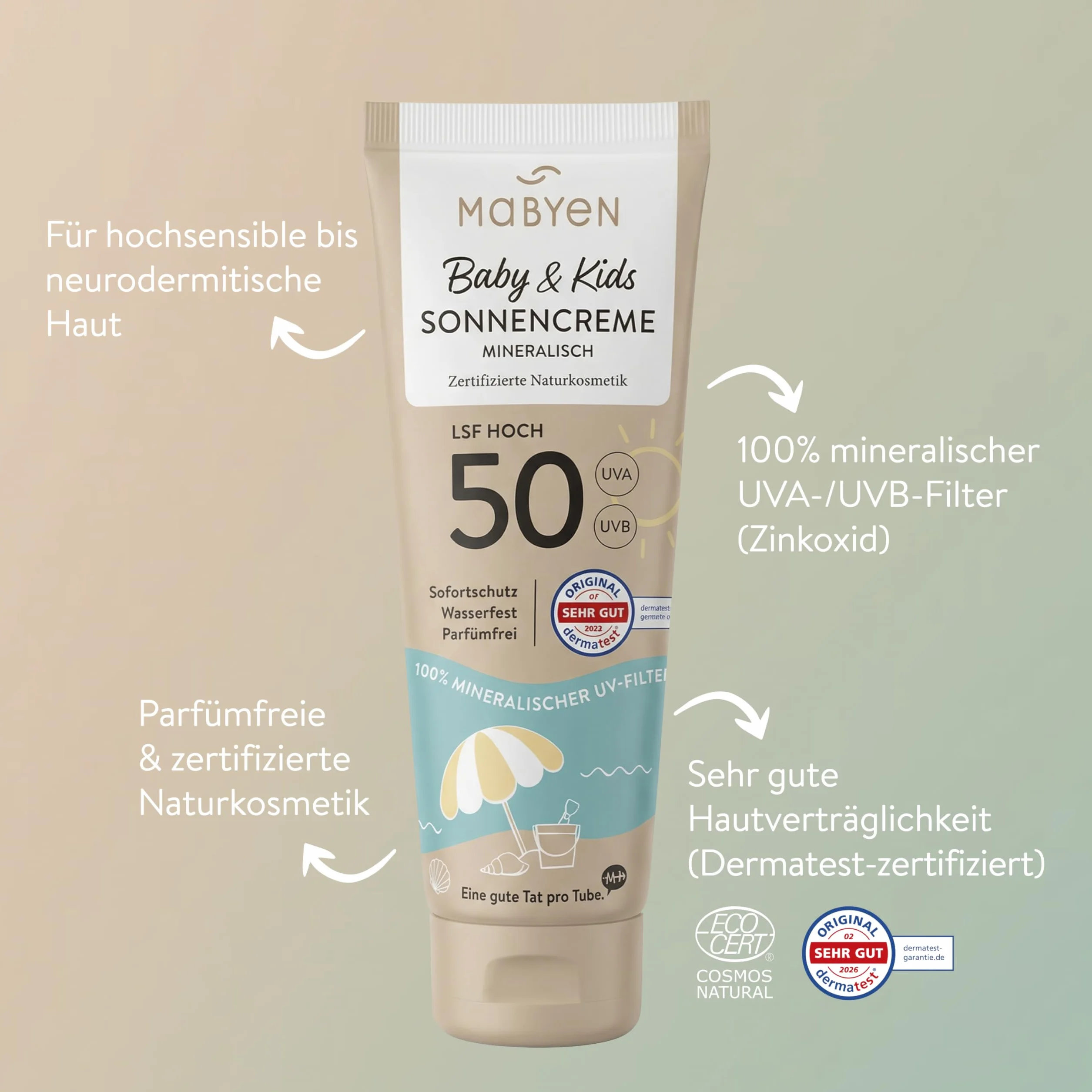 MABYEN Crème solaire minérale SPF 50 lot de 2 x 100 ml UVA/UVB résistante à l'eau sans parfum vegan