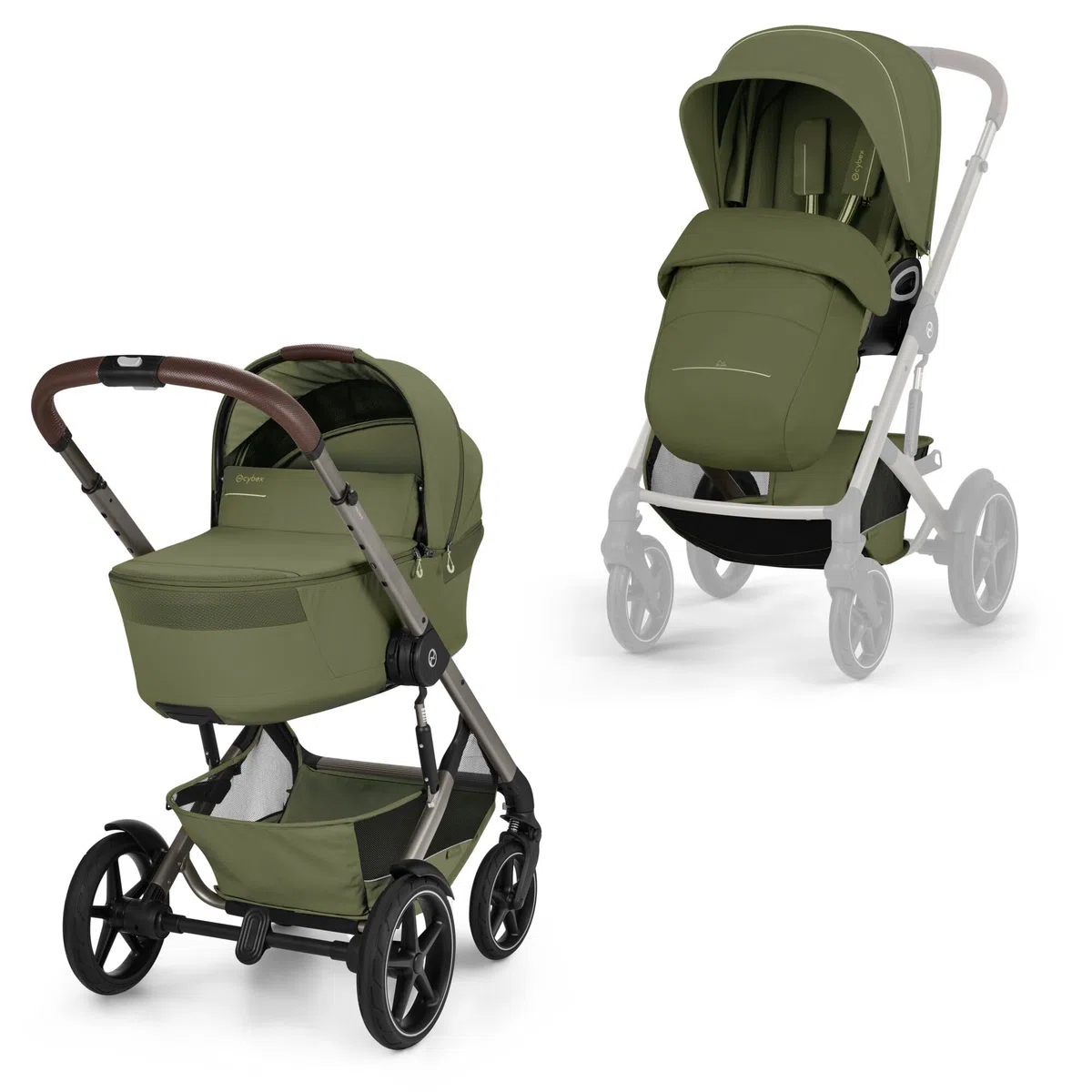 CYBEX Gold Poussette TALOS S LUX & nacelle Fold Cot, Moss Green | De la naissance à 4 ans, jusqu'à 22 kg max, nacelle pliable, système de voyage tout-terrain, capote XXL UPF50+
