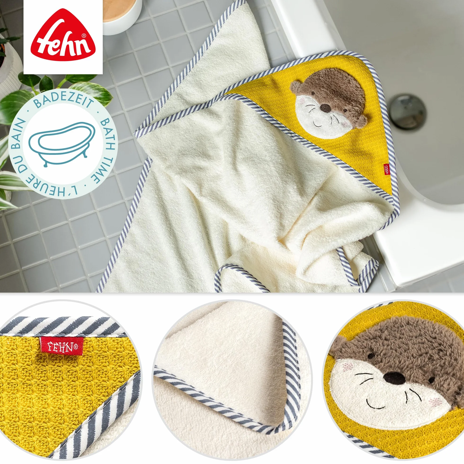 Fehn Serviette de Bain Loutre Poncho éponge avec Capuche pour Bébés 0+ Mois