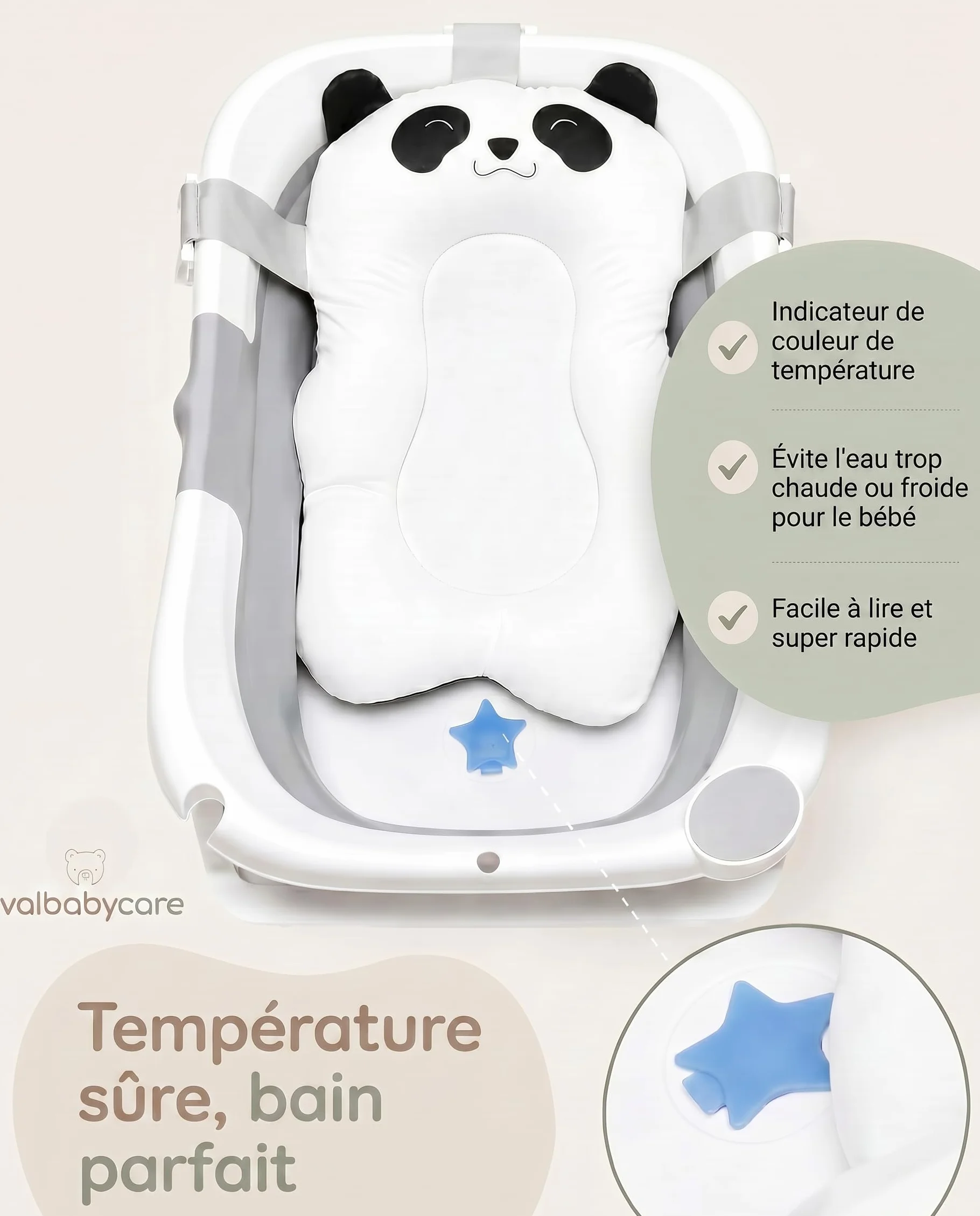 VALBABY Baignoire Pliable Bébé Portable avec Coussin Antidérapant Design Panda Grand et Rembourré Bain Baby Bath Tub