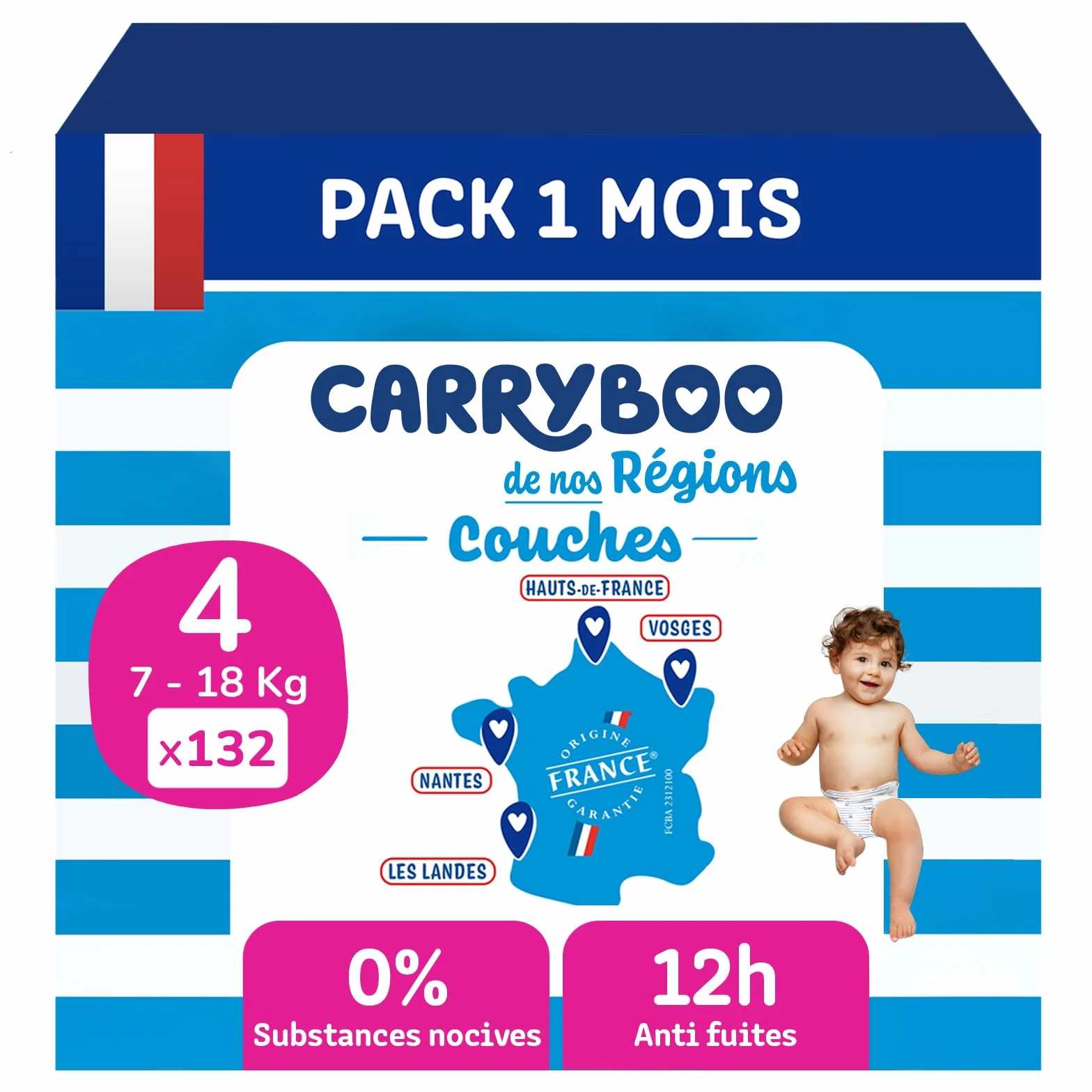 CARRYBOO Couches Taille 4 (7-18kg) 132 Jetables Ultra Absorbantes 12h Anti Fuites Fabriquées en France