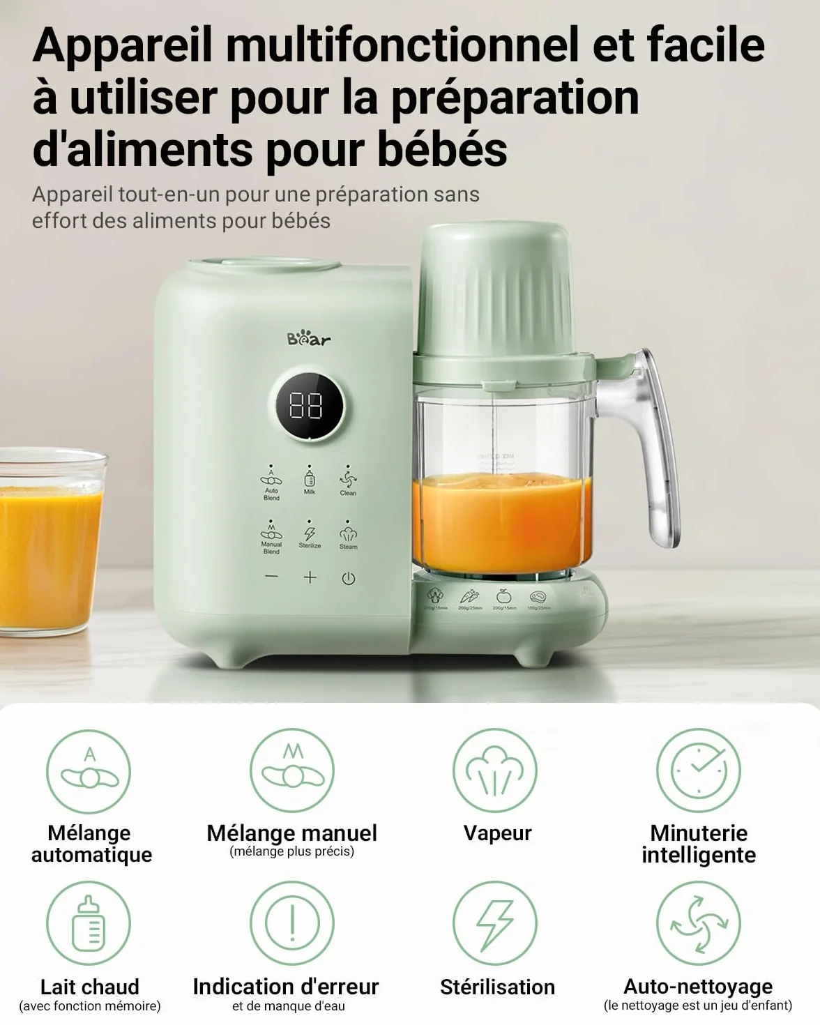Robot Cuiseur Mixeur Bébé 500ml Panier Vapeur Multifonctions Automatique Sans BPA