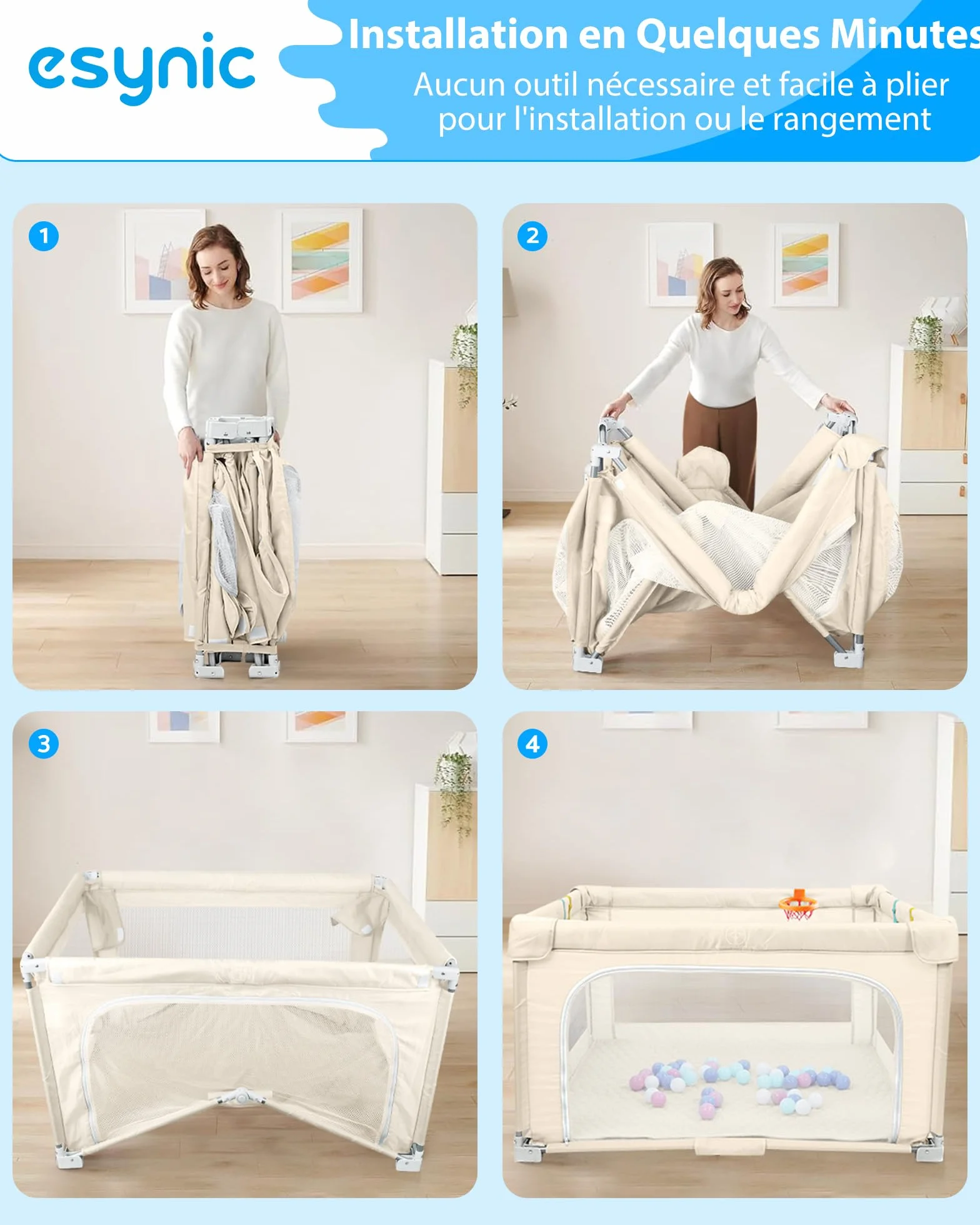 eSynic Parc Bébé Pliable 127 × 127 cm avec Tapis Sac de Rangement Balle Océanique Panier de Basket - Beige
