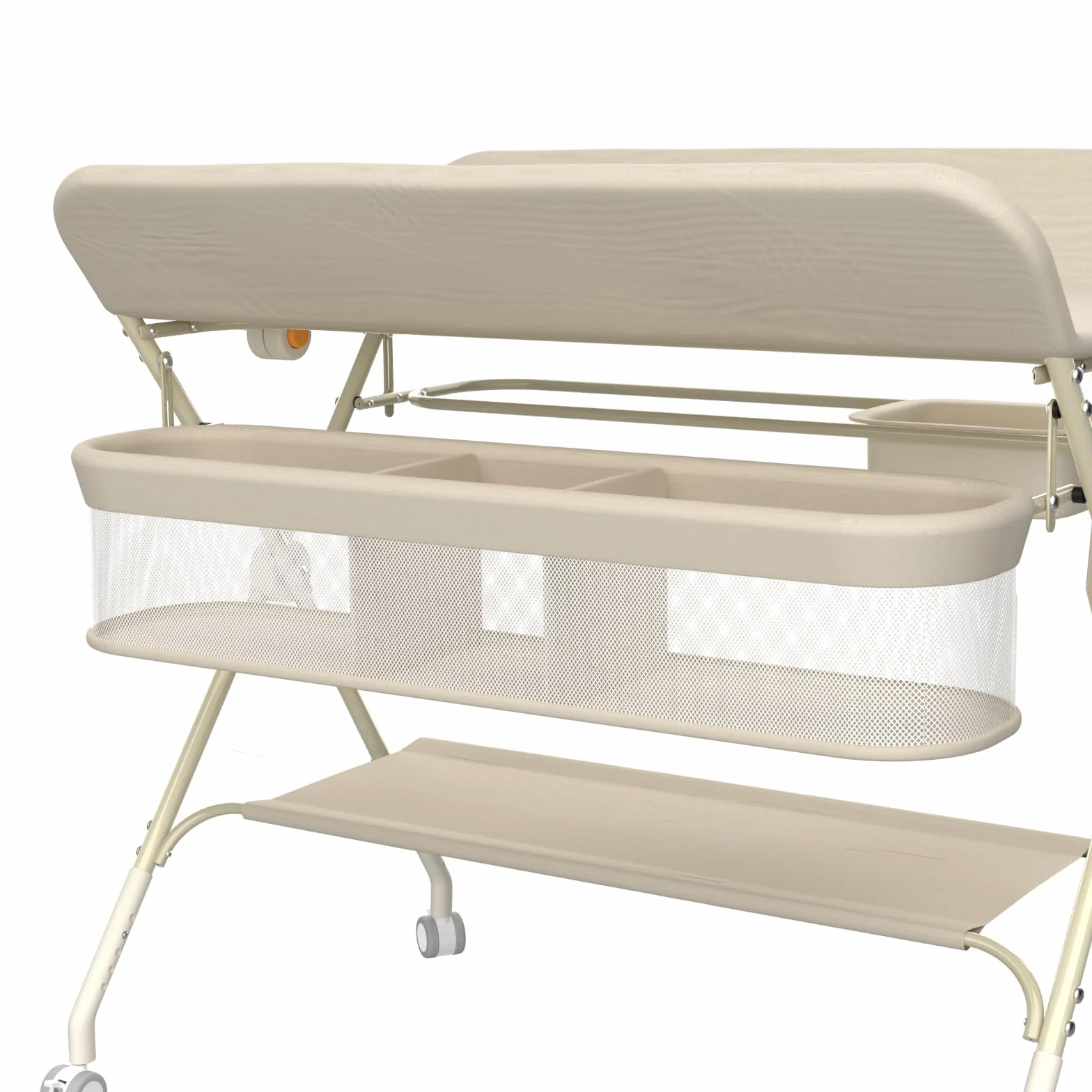 Supfine Table à Langer Pliable avec Panier Latéral, Réglable en Hauteur, Roulettes Verrouillables, Crème