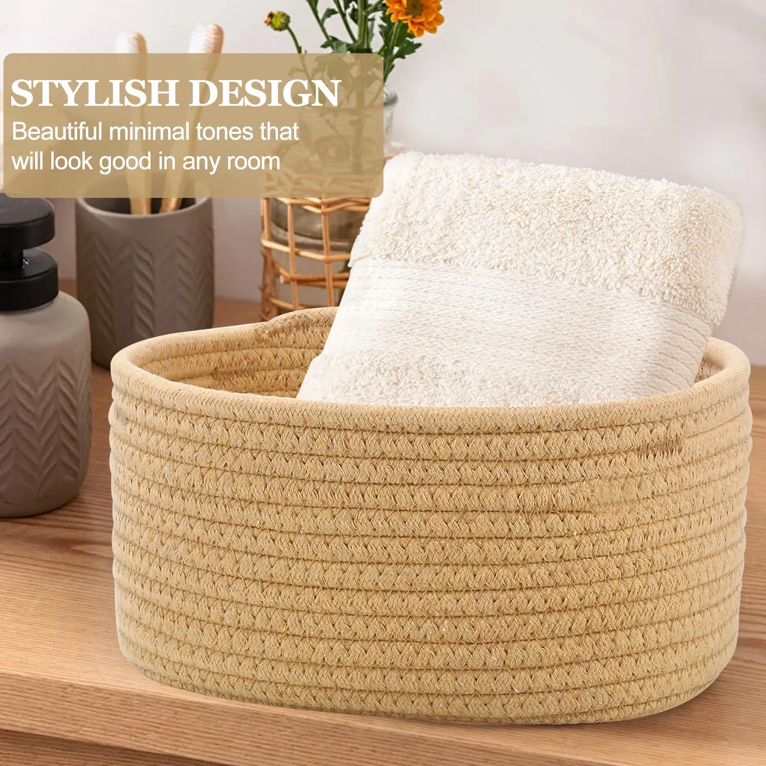 Panier Rangement Lot de 5 Jute pour Salle de Bain Cuisine Organisateur Empilable