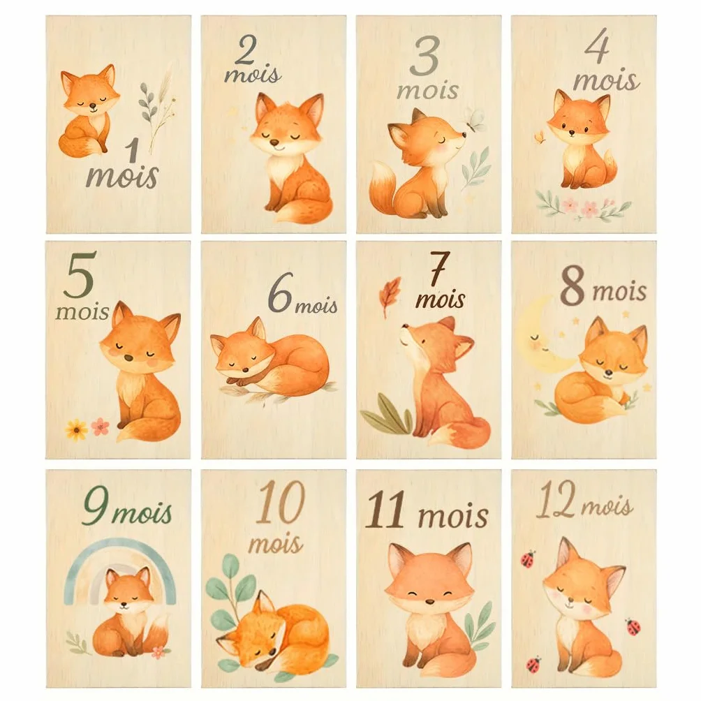 Cartes étapes bébé originales bois recto verso – Lot 12 mois – Motif renard – Accessoire photo naissance