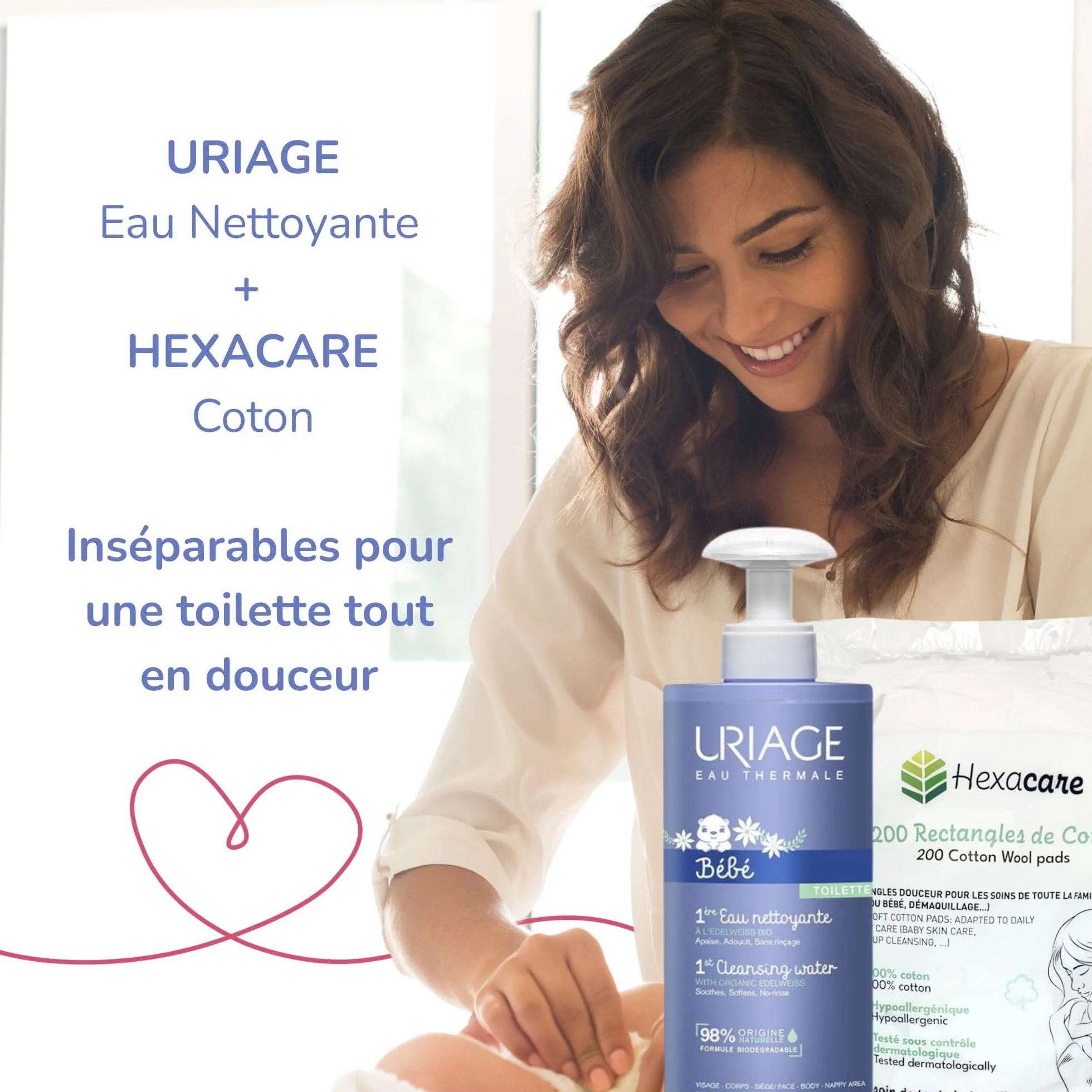 Pack Eau Nettoyante Bébé 1L 600 coton 8x10cm Visage Corps