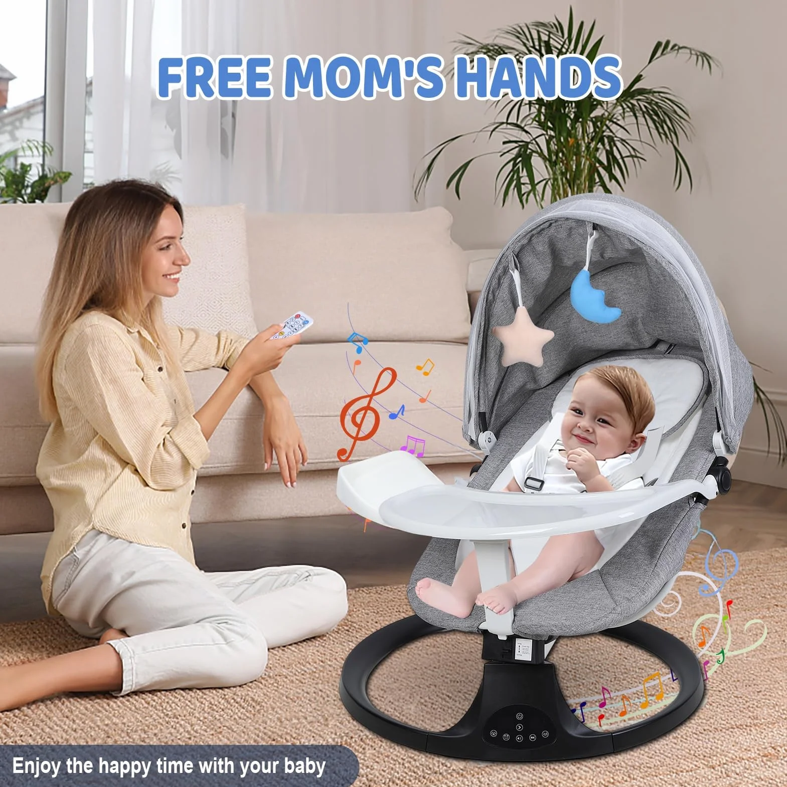 Transat Bébé Évolutif Balancelle Électrique Bluetooth Télécommande Harnais 5 Points Mouvement Up-Down Pare-Soleil 0-24