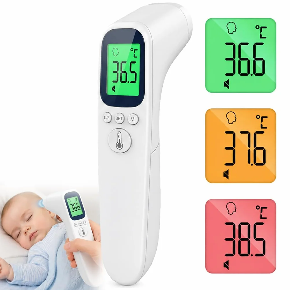 Thermomètre Frontal Sans Contact Infrarouge Médical Numérique pour Bébé Enfant Adulte Écran LCD Rétroéclairé 3 Couleurs Alarme Fièvre