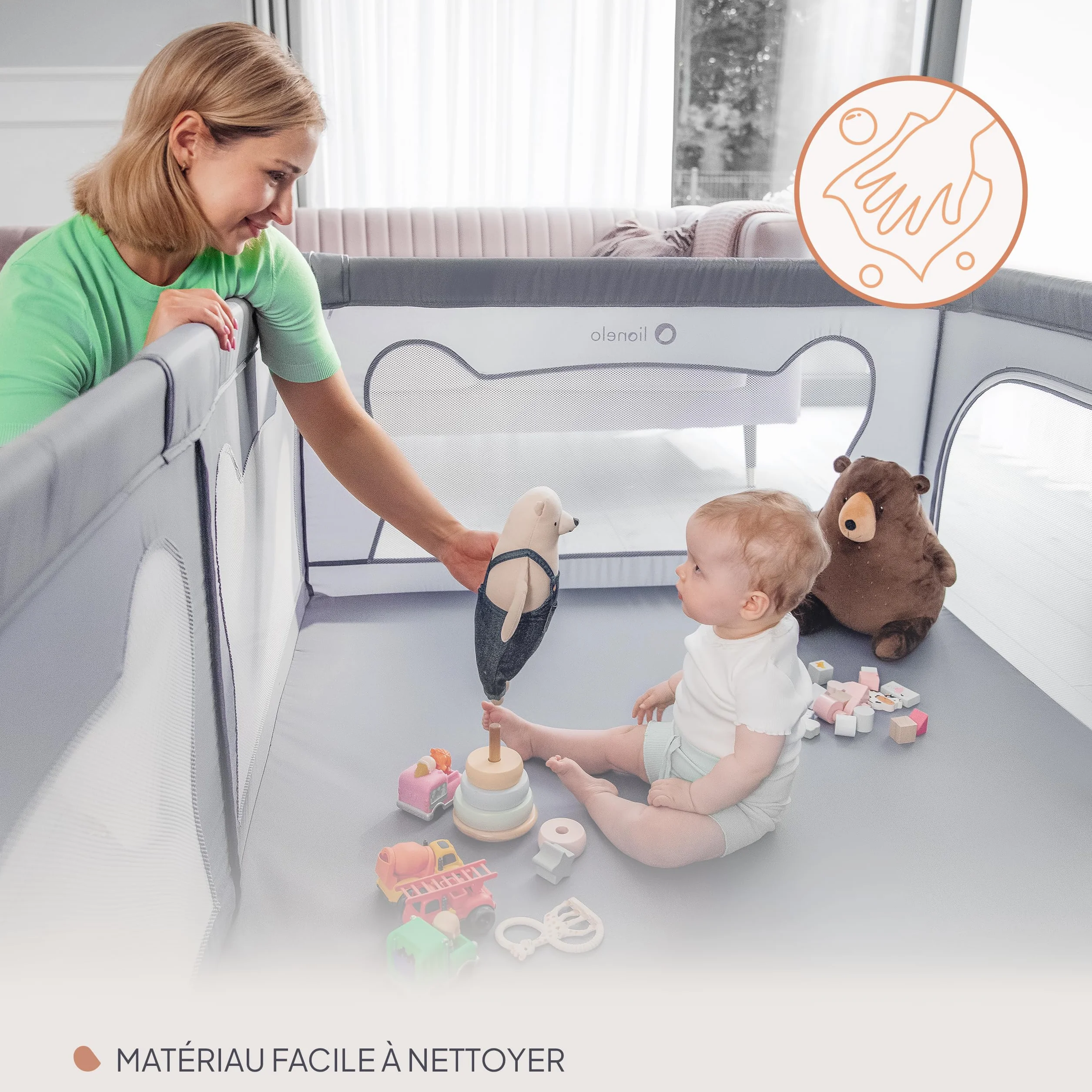 LIONELO WILLOW Parc pliant pour bébé 120x180x68 cm filet respirant 2 entrées zippées Gris