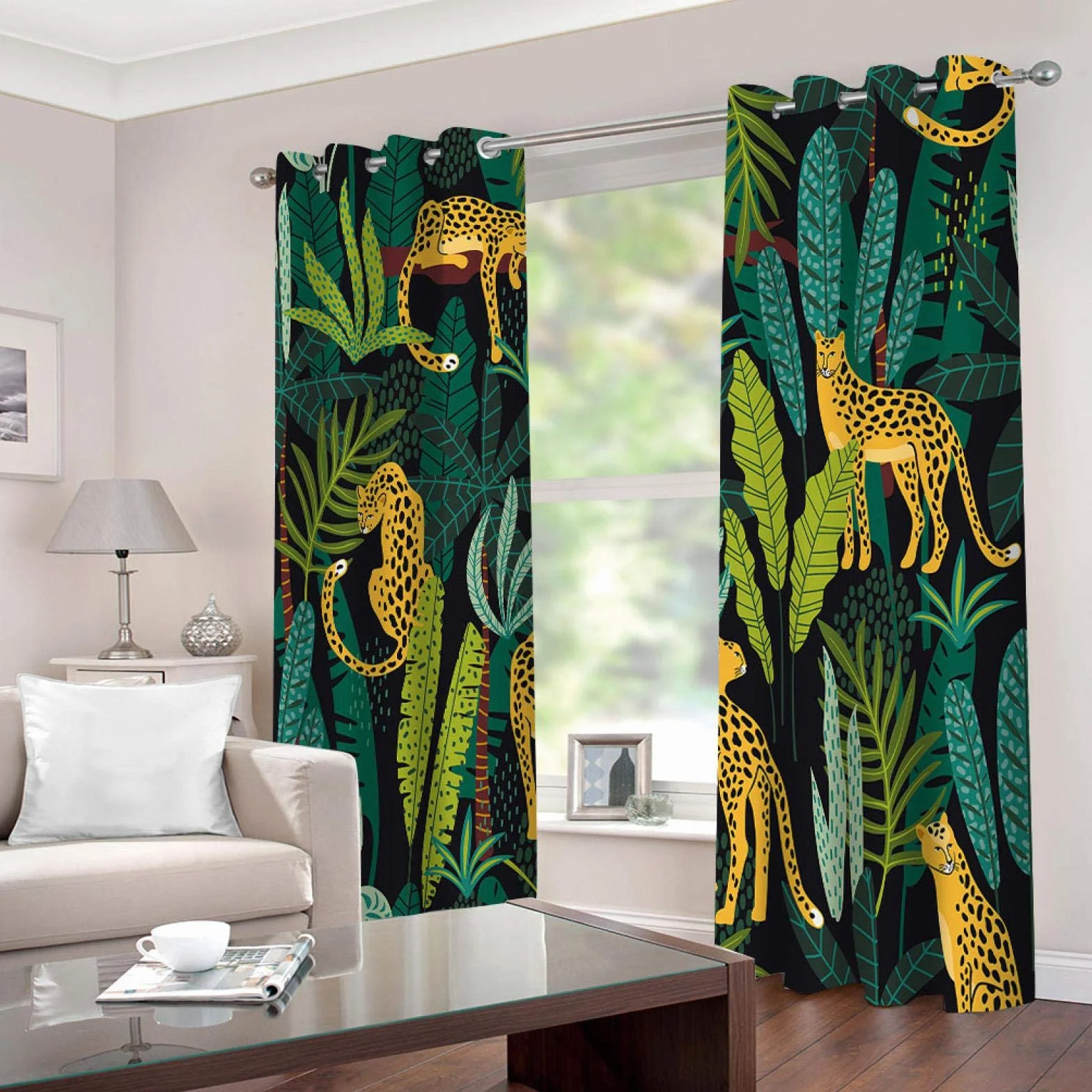 Rideau Occultant Isolant Thermique À Oeillets 2 Pièces 117x230cm, Motif Guépard Jungle Tropicale