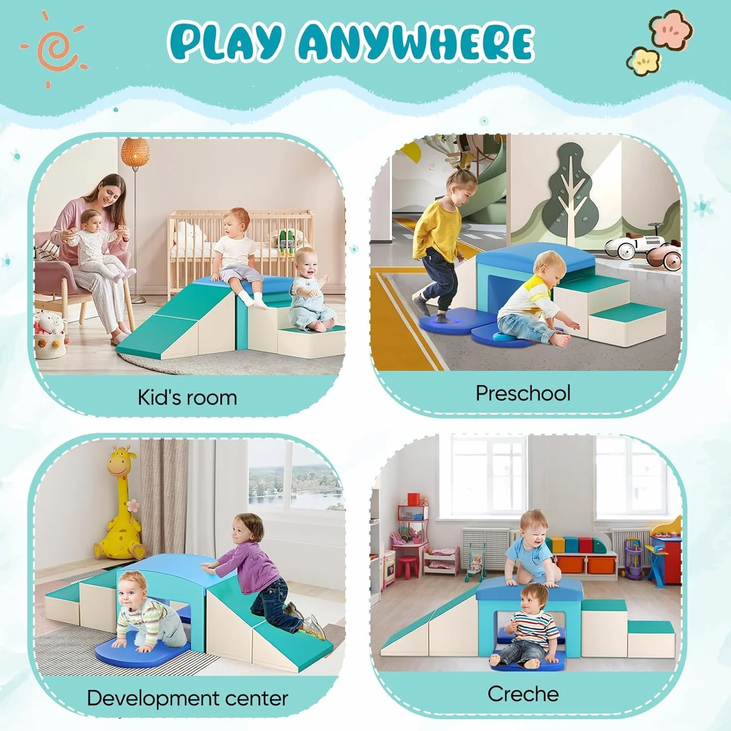 Blocs de construction en mousse pour enfants, 5 pièces souples antidérapants (bleu clair)