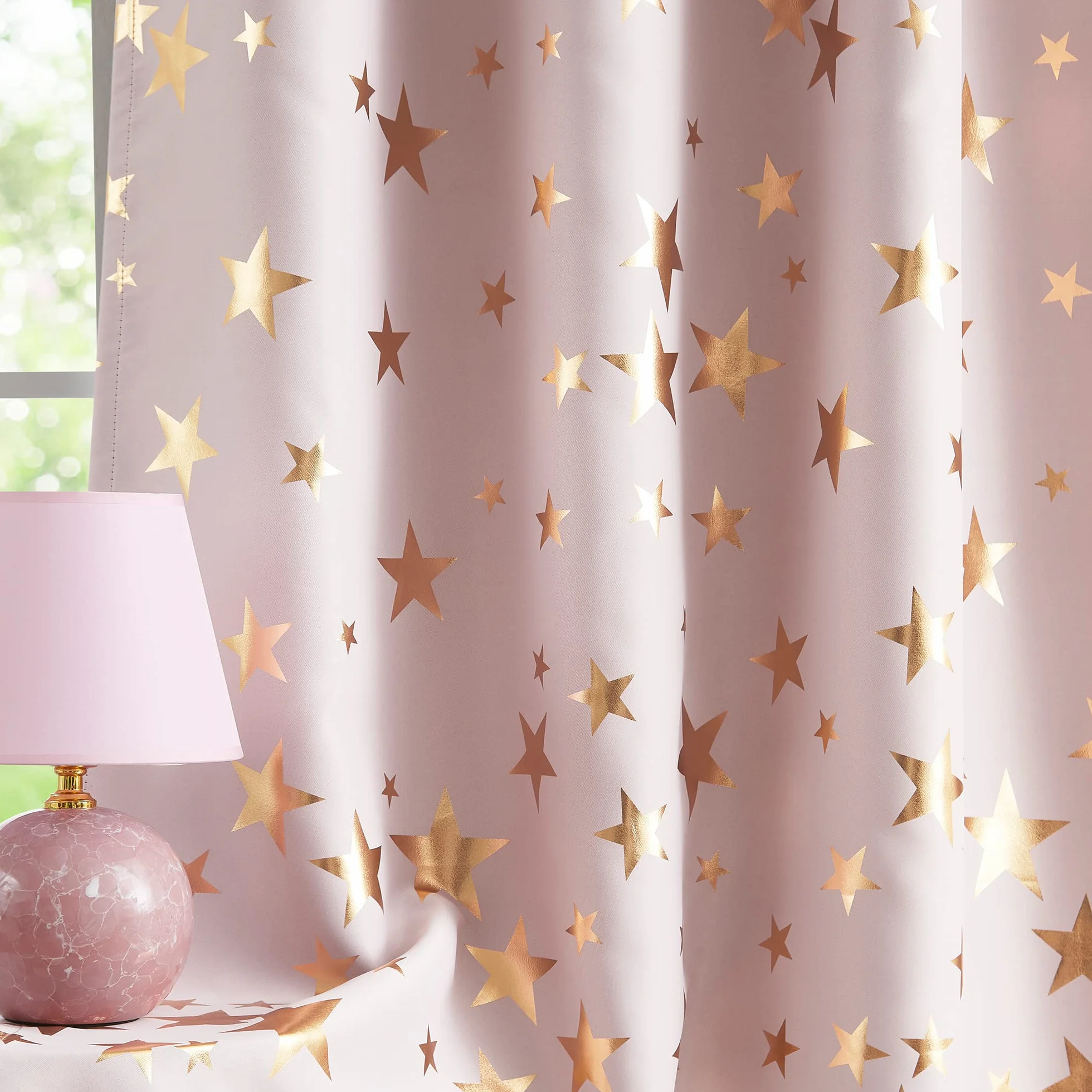 Lot de 2 rideaux occultants à œillets 229 cm Rose Motifs d'étoiles dorées