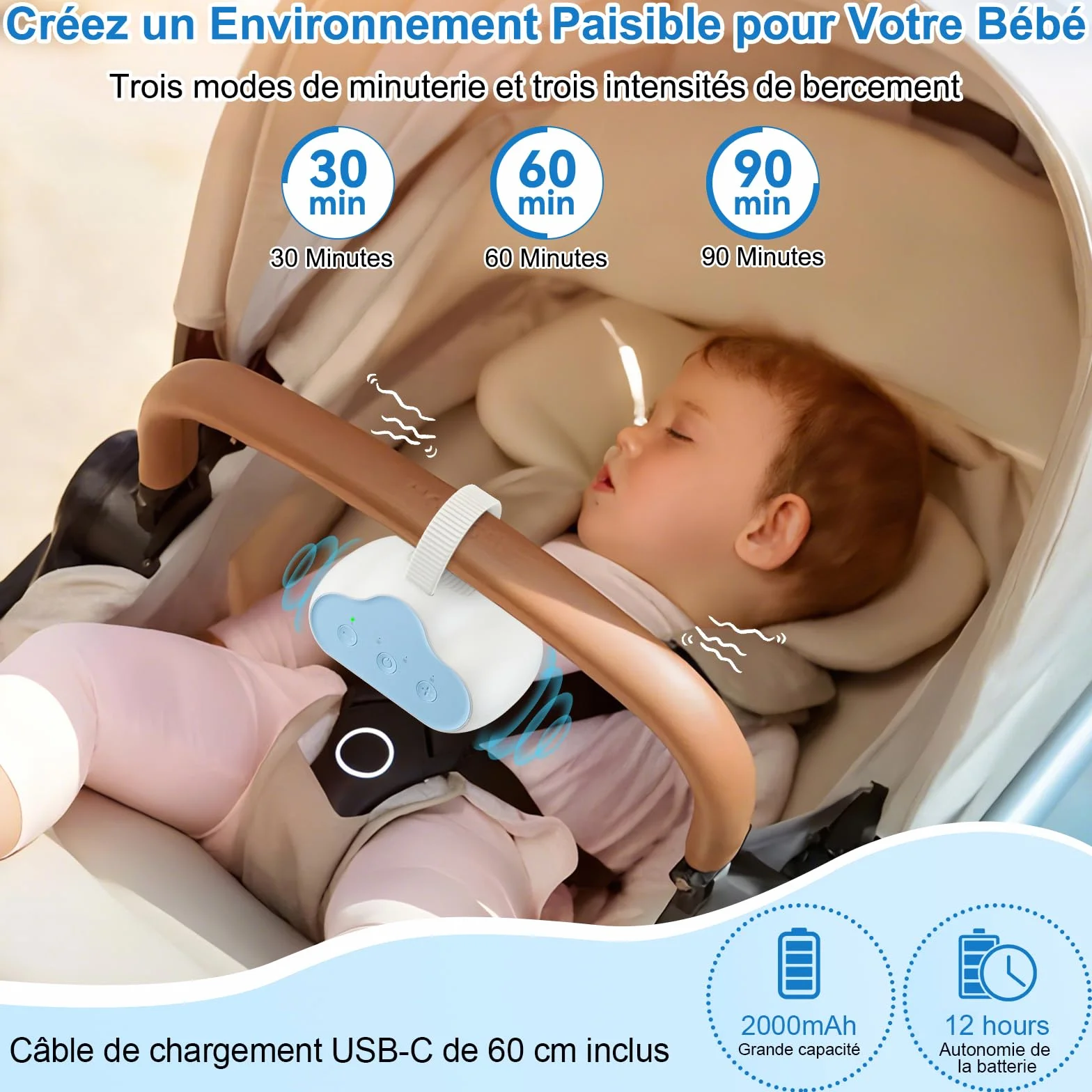 Bercement Poussette Baby Rocker avec 3 Intensités de Balancement Réglables et Minuterie 30/60/90 Minutes Bleu