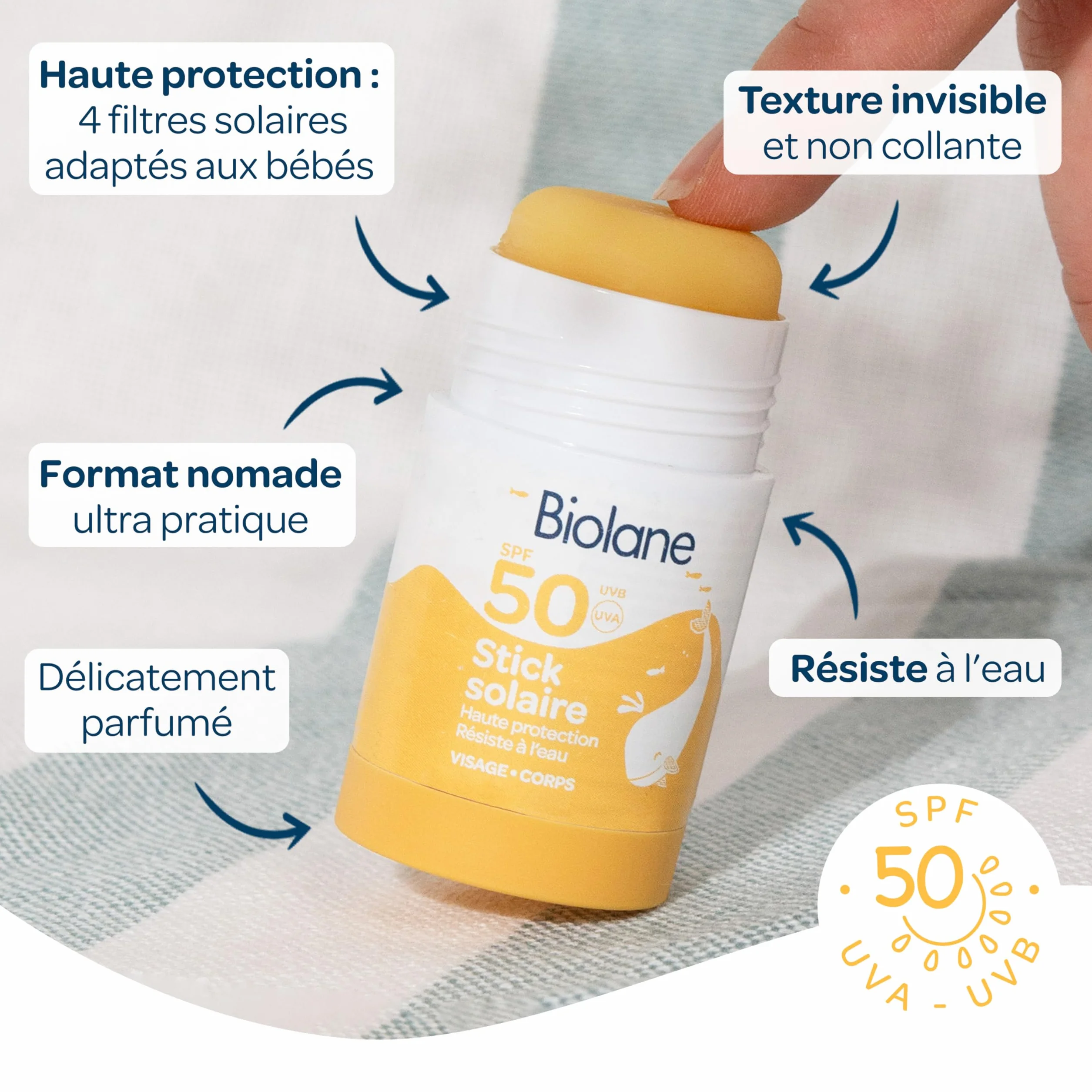 BIOLANE Stick Solaire Bébé SPF 50 Protection Visage Corps Haute Protection UVA UVB Peaux Sensibles Résistant Eau Texture Invisible