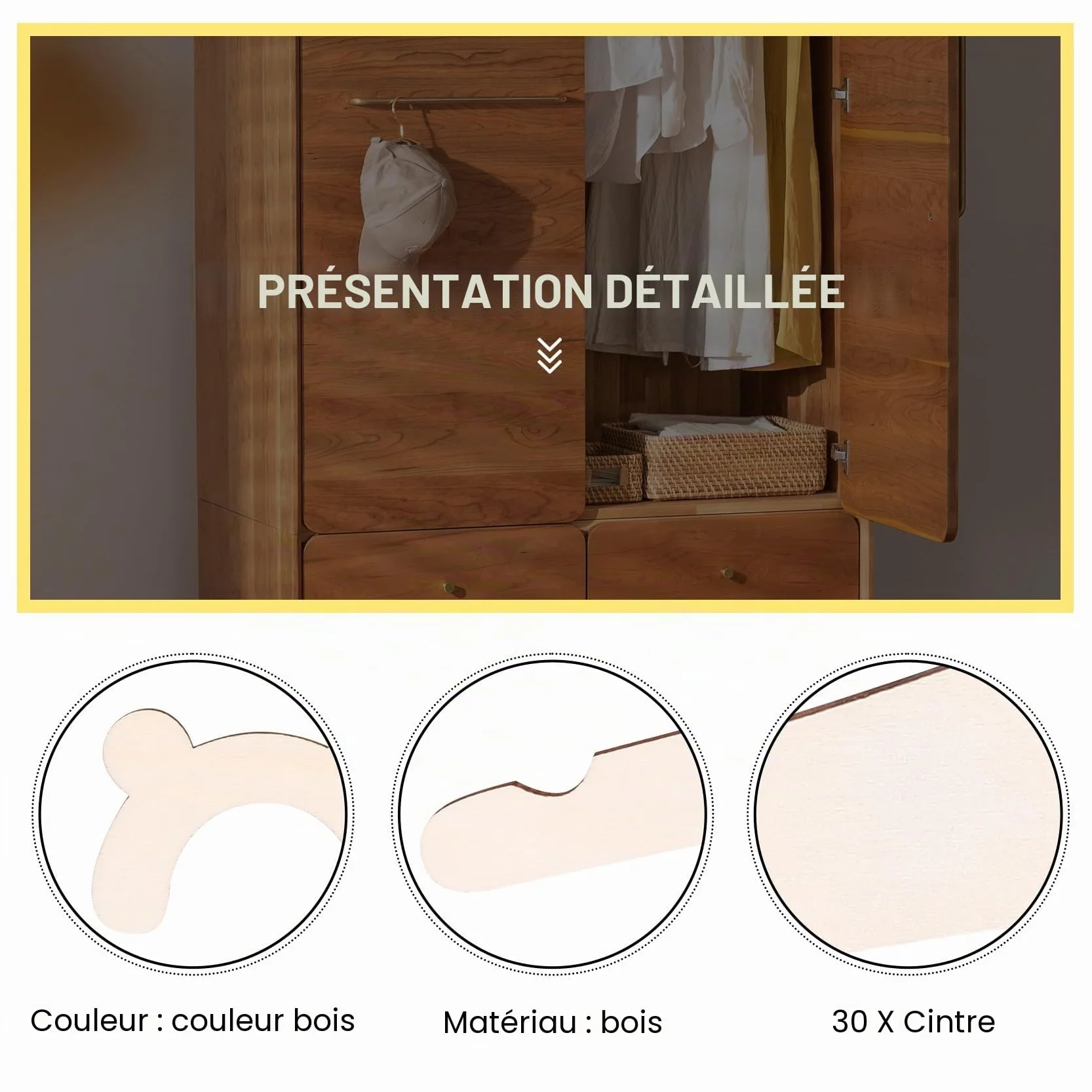 Lot de 30 cintres en bois pour vêtements