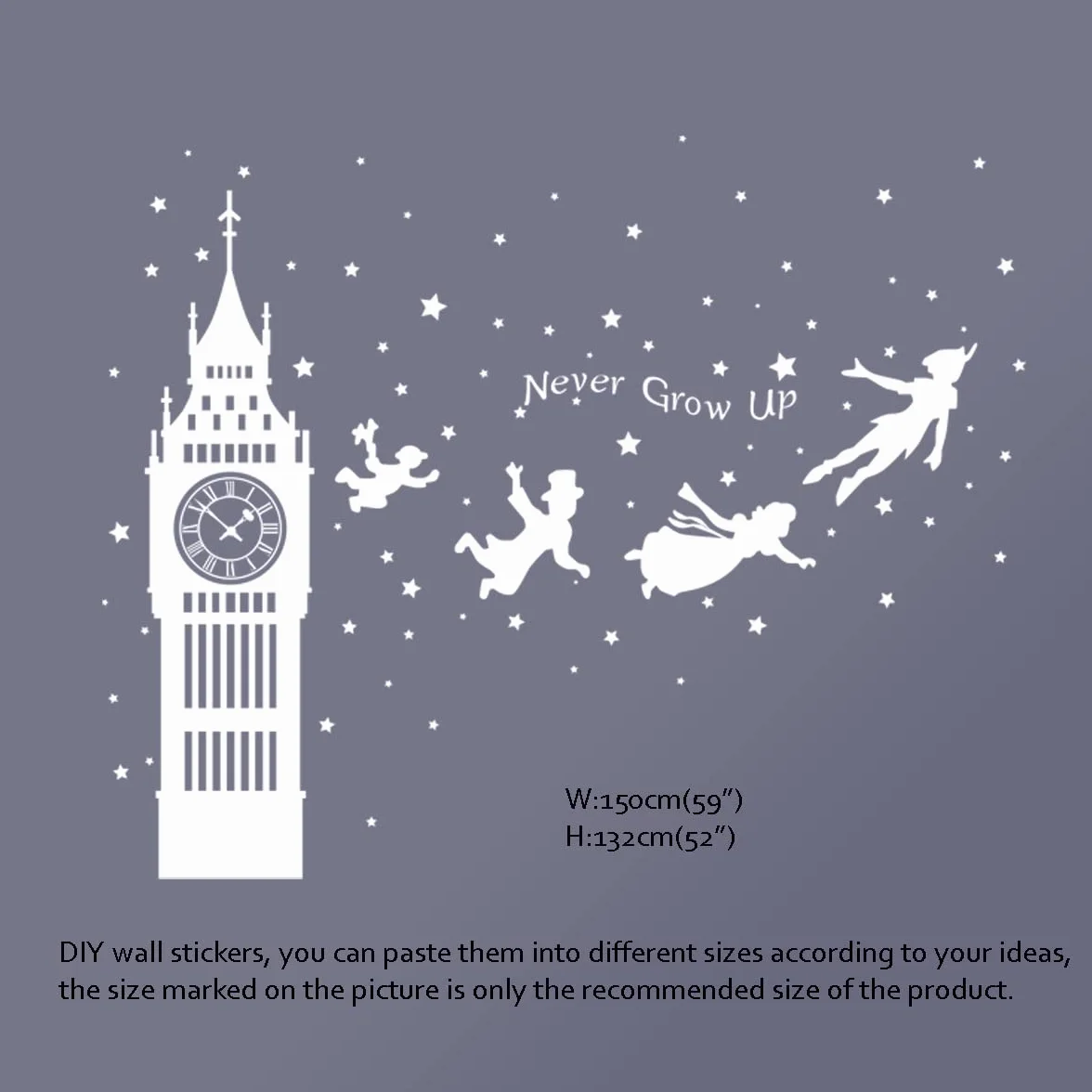 Autocollant Mural Peter Pan Big Ben Silhouette Étoiles Décoration Chambre Enfants Fille Garçon Bébé