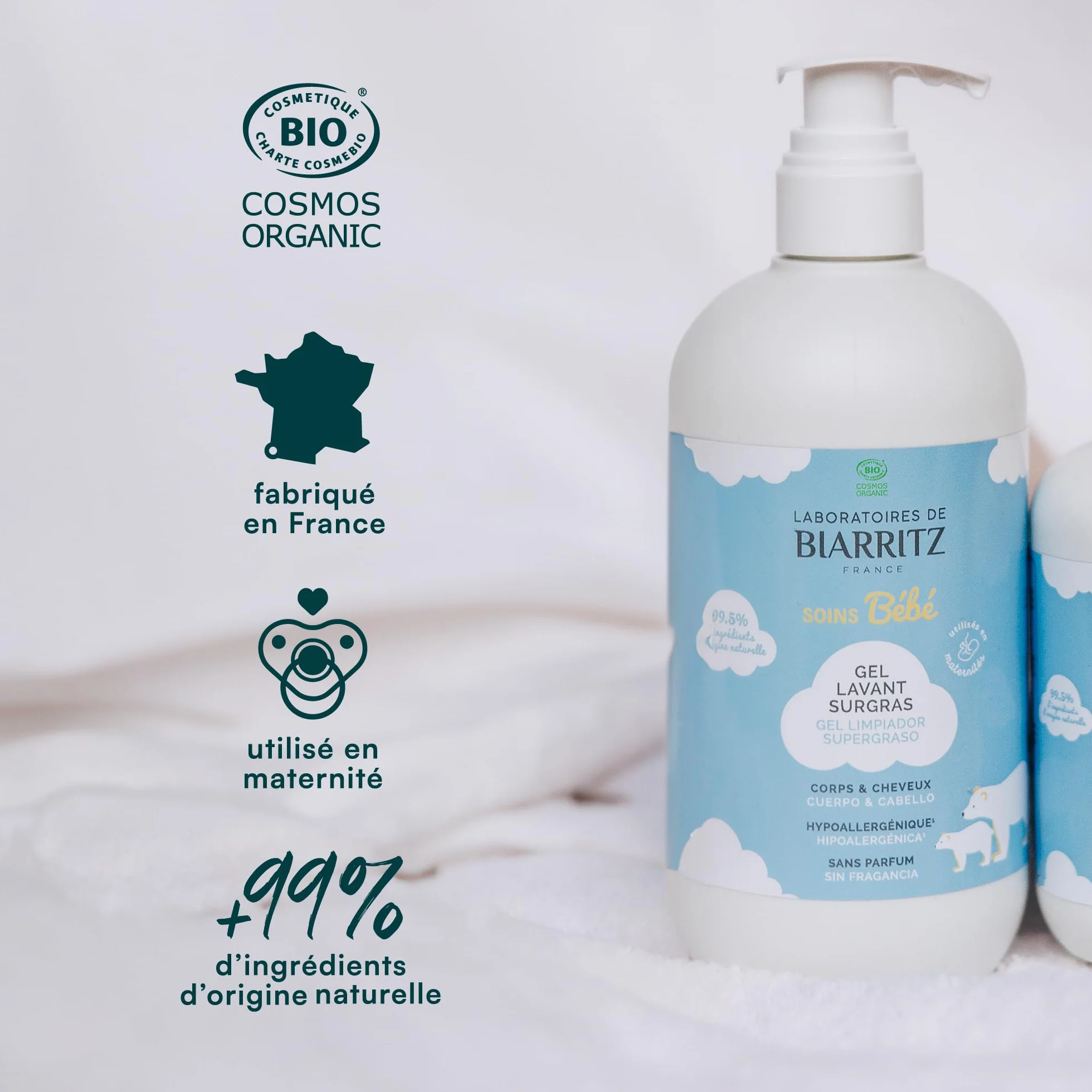 Laboratoires de Biarritz Gel Lavant Surgras Bébé Sans Parfum pH Neutre Certifié Bio 500 ml Fabriqué en France
