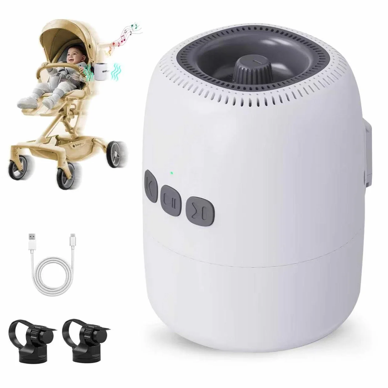 Baby Rocker Rechargeable avec 5 Niveaux d’Oscillation et Bruit Blanc - Réglable, Ultra-Silencieux, USB-C, 2 Supports Universels pour Toutes les Poussettes (Blanc)