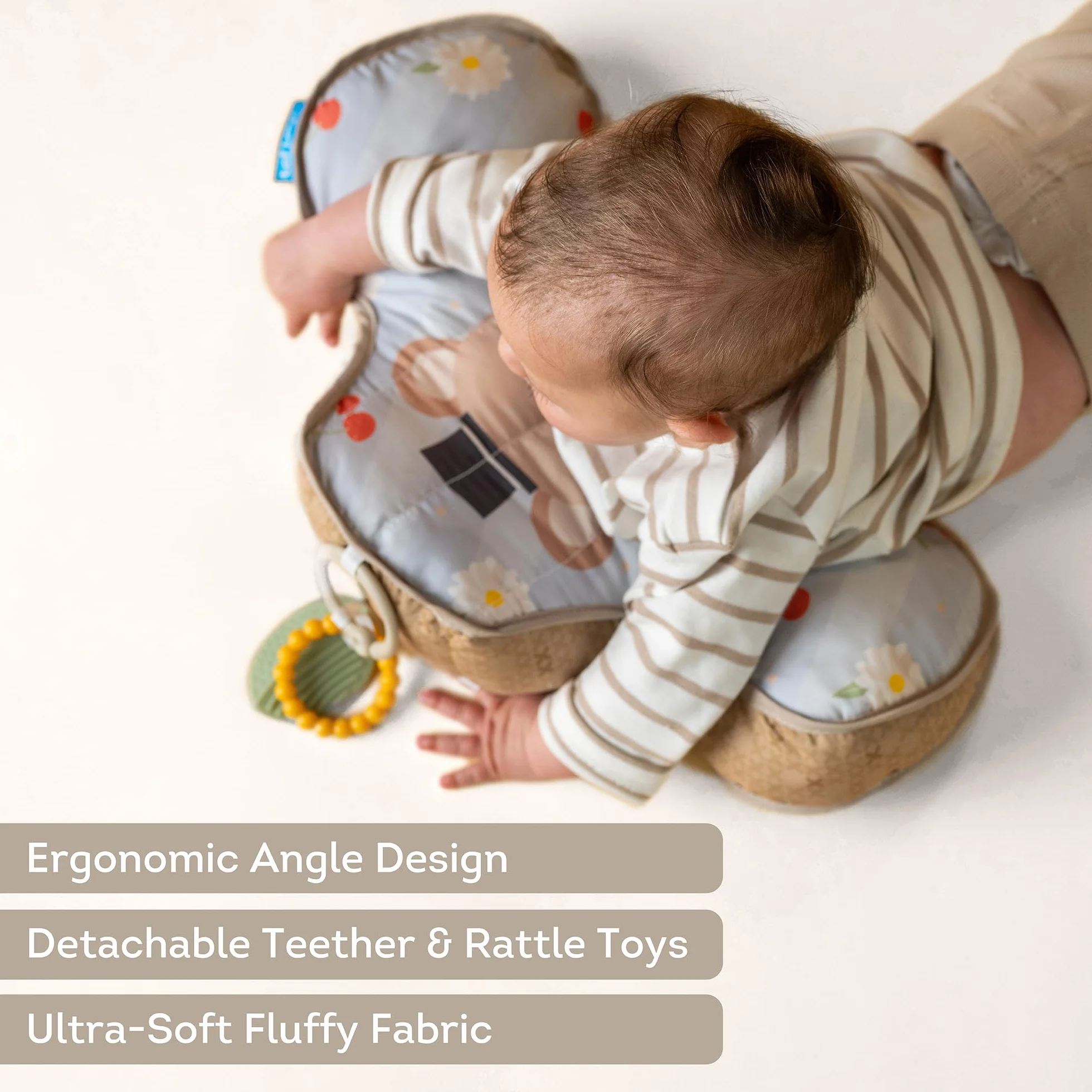 Coussin Tummy Time Bébé Ours – Coussin Ventral d’Éveil avec 2 Jouets Amovibles – 40x27x11 cm