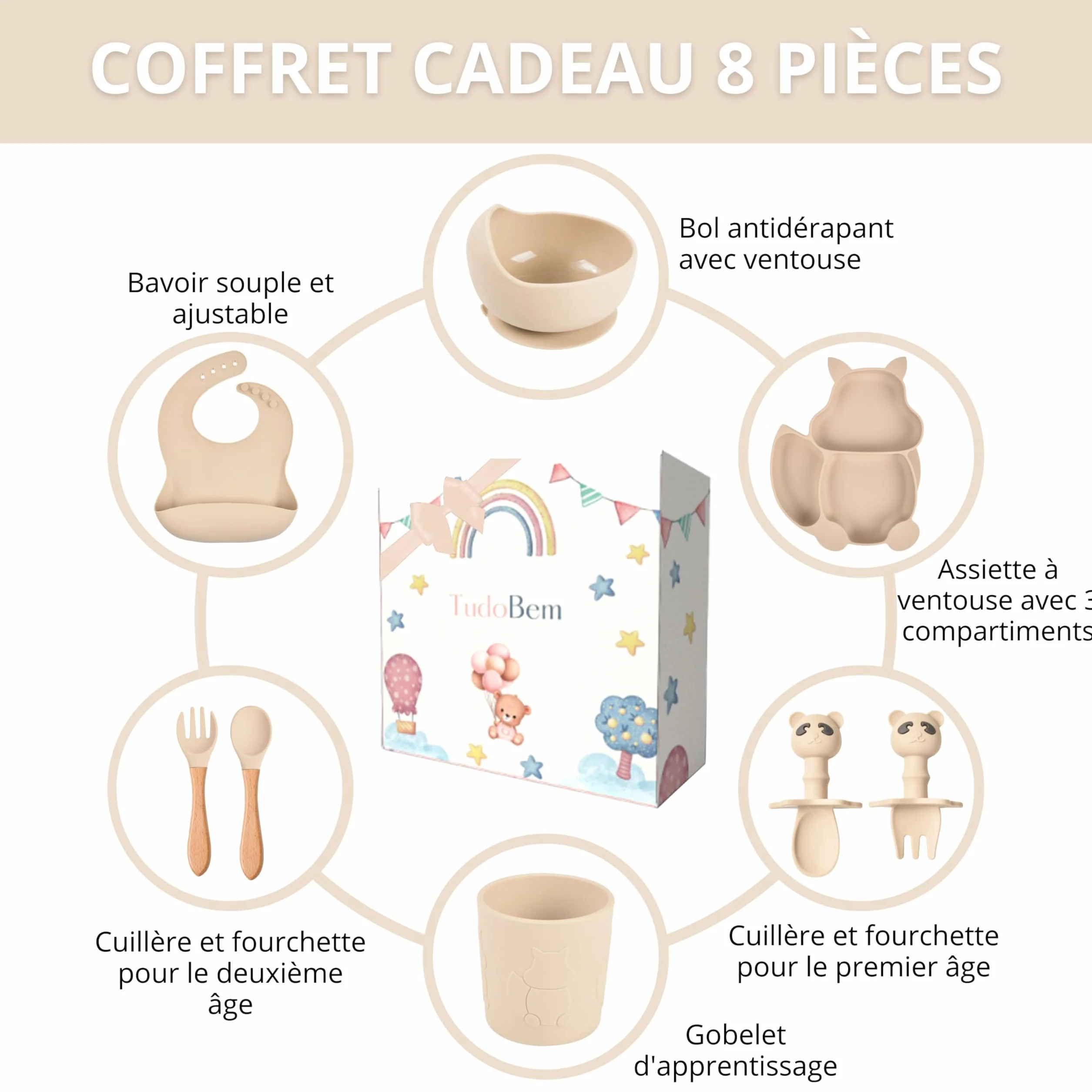TudoBem Coffret Repas Bebe Accessoire 8 Pièces Set Vaisselle Bebe 1er age Assiette Bebe Bol Ventouse Bébé Cadeau Bebe Garcon Vaisselle Enfant Complete Beige