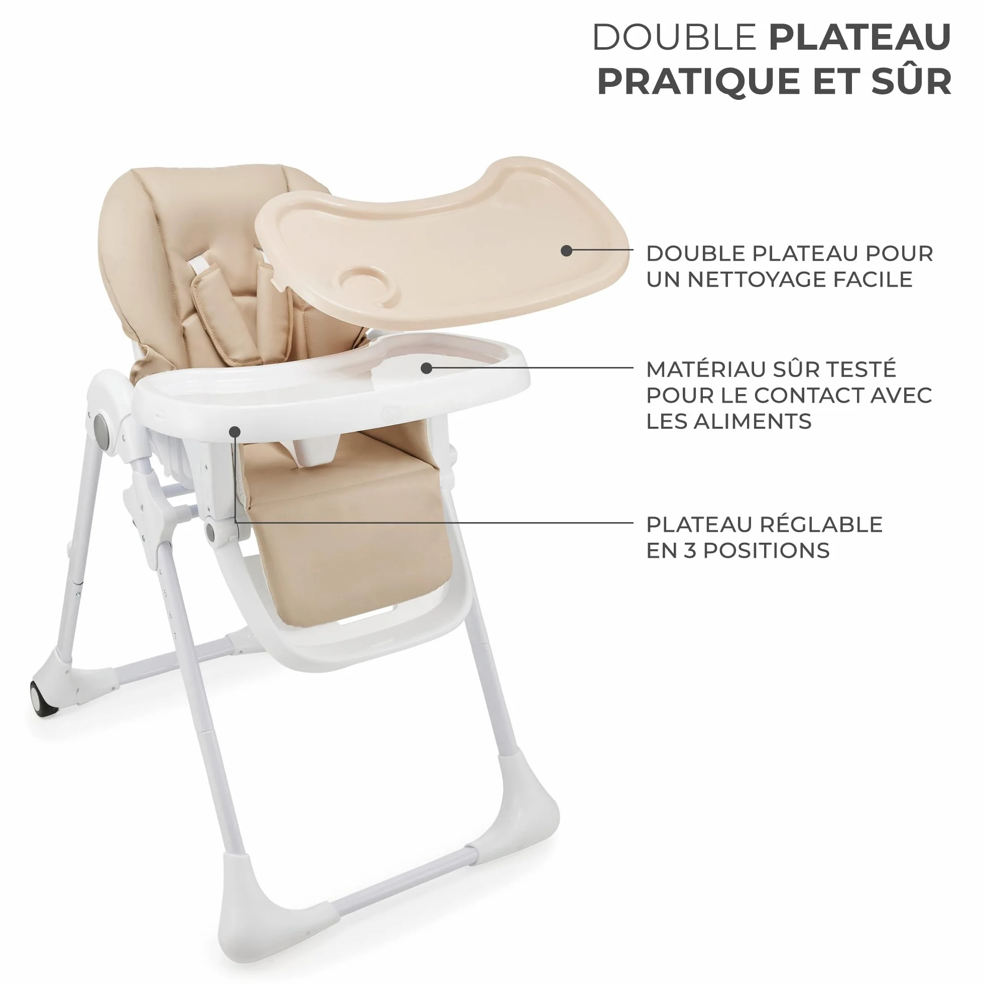 Kinderkraft TUMMIE Chaise Haute 2 en 1 Ergonomique Pliable avec Hauteur Réglable Beige