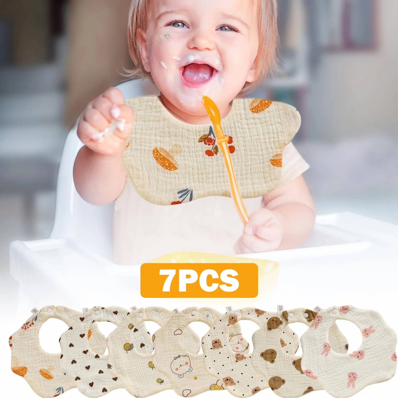 Baby Bibs Absorbants Rapide Dry Mignon 7pcs pour baver et dentition avec clichés réglables Unisexe