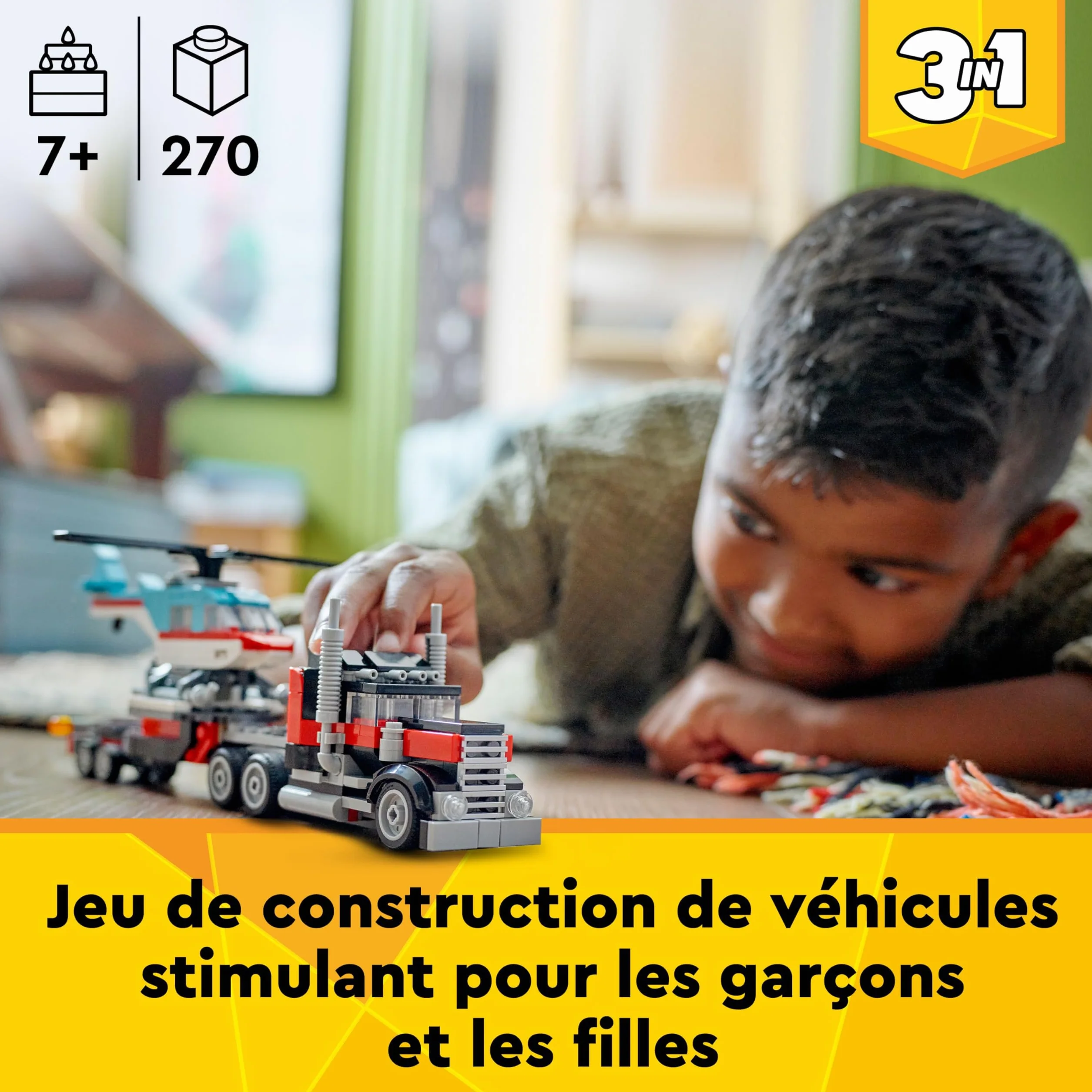 LEGO Creator 3in1 Flatbed Truck with Helicopter Toy to Propeller Plane and Fuel Lorry to Hot Rod and SUV Car Toys 31146 for 7 Plus Year Old Boys Girls