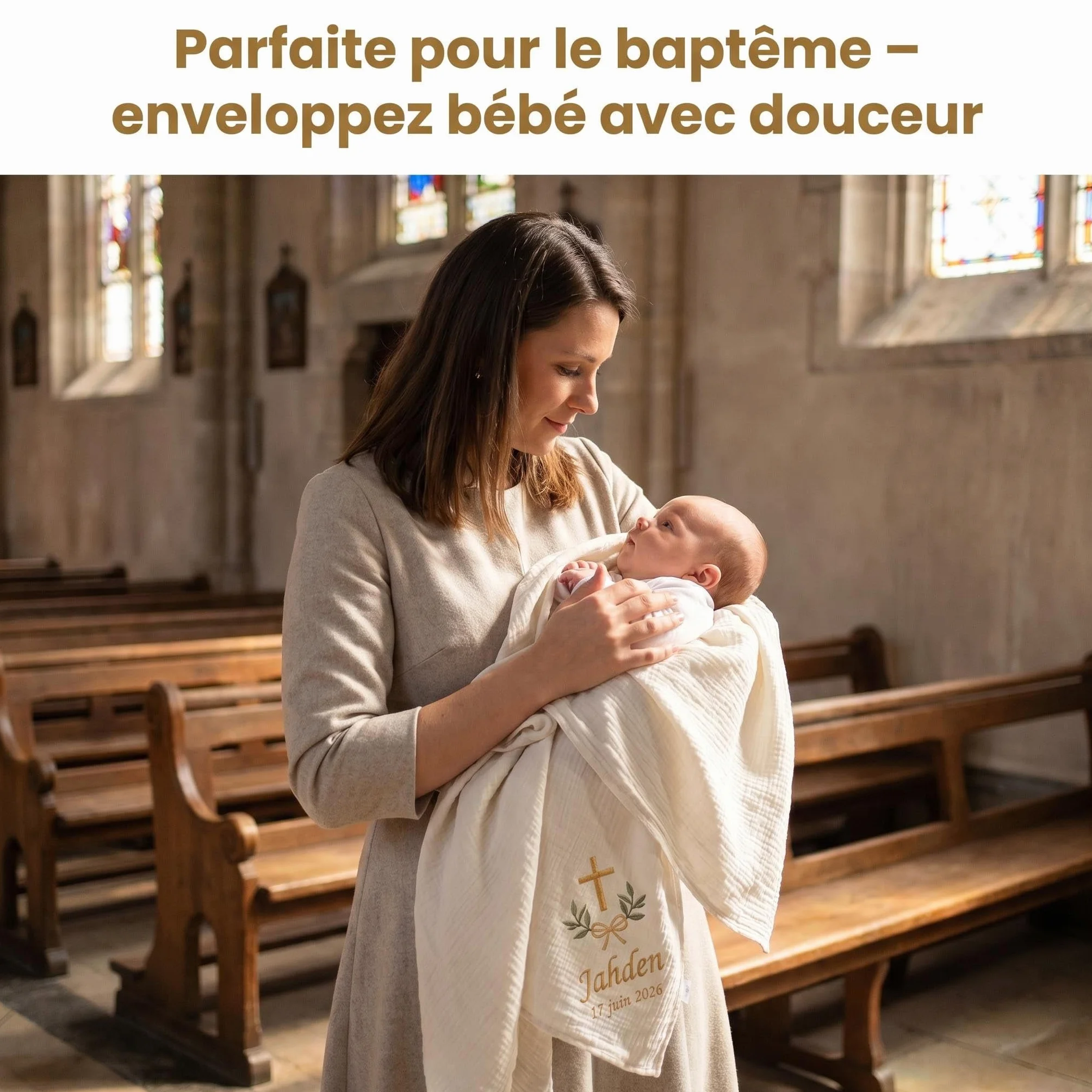 Couverture de Baptême Bébé Personnalisée en Coton Gaze Doux, Broderie Élégante, Style Français – Coffret Cadeau