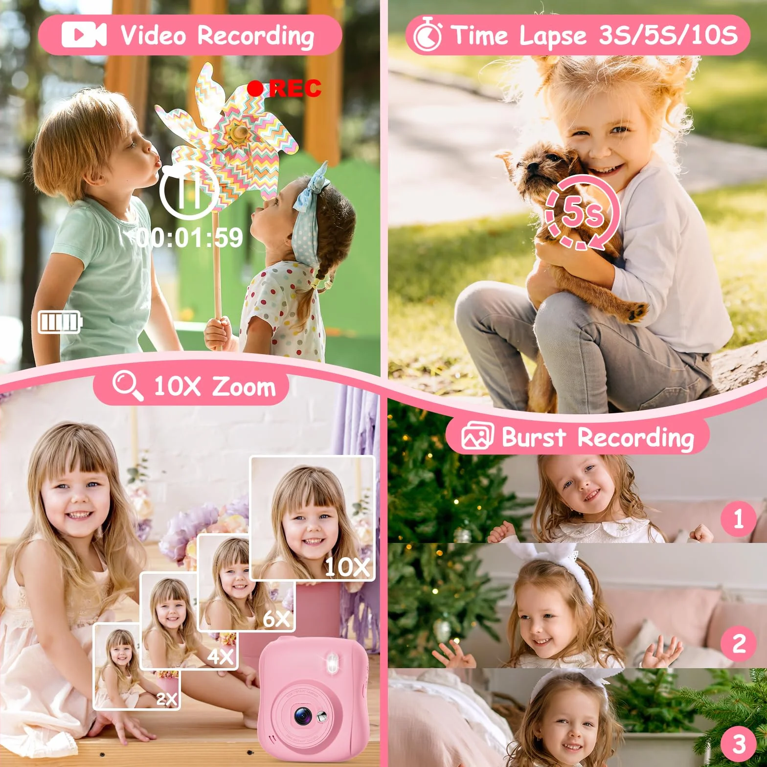 Appareil Photo Instantané Enfant 2,0 Pouces Écran HD avec Carte 32GB et 3 Rouleaux Papier Impression Cadeau Jouet Garçons Filles 3-10 Ans Rose