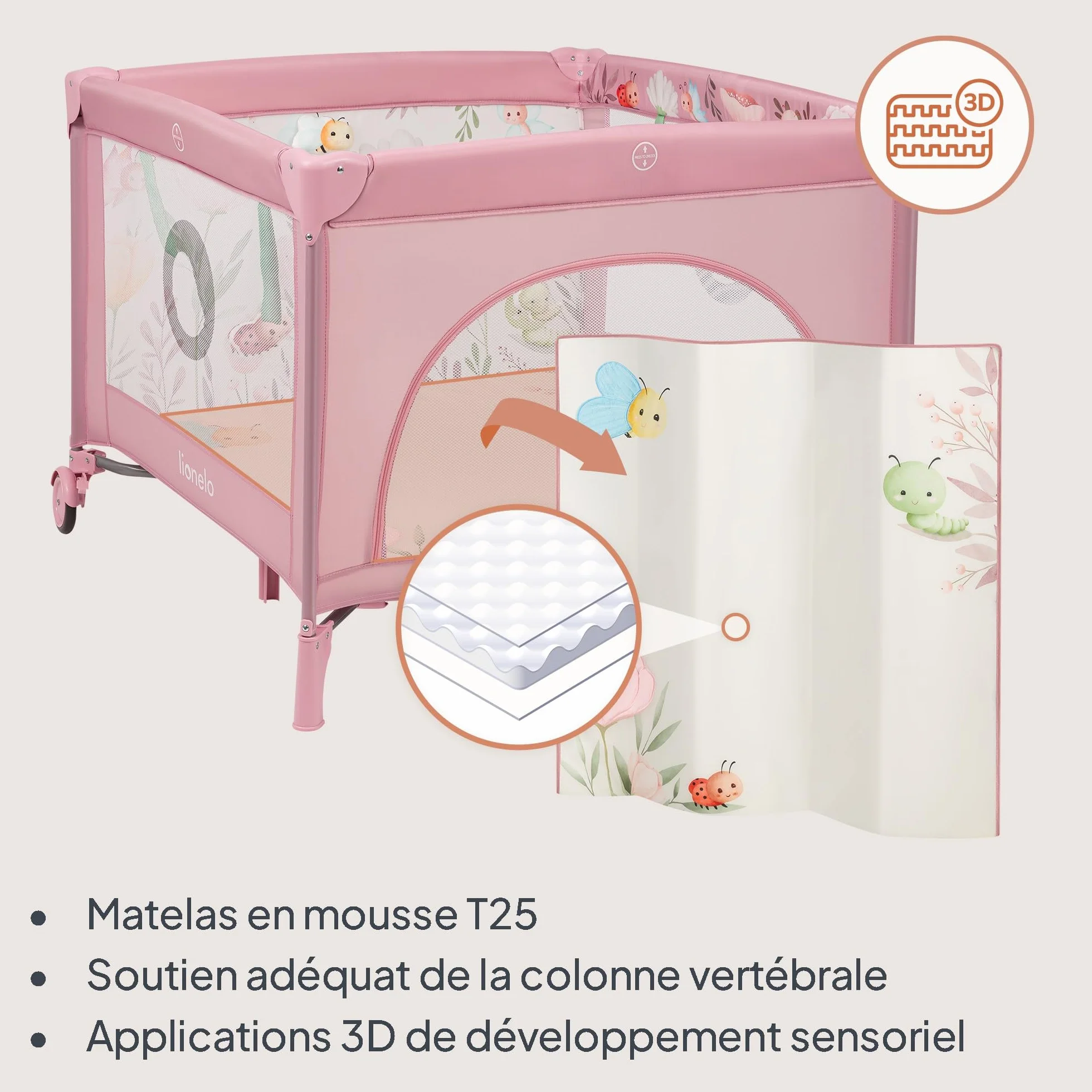 LIONELO MILLE PLUS Parc pour bébés 2-en-1 15 kg 0-36 mois Matelas 3D Pliable