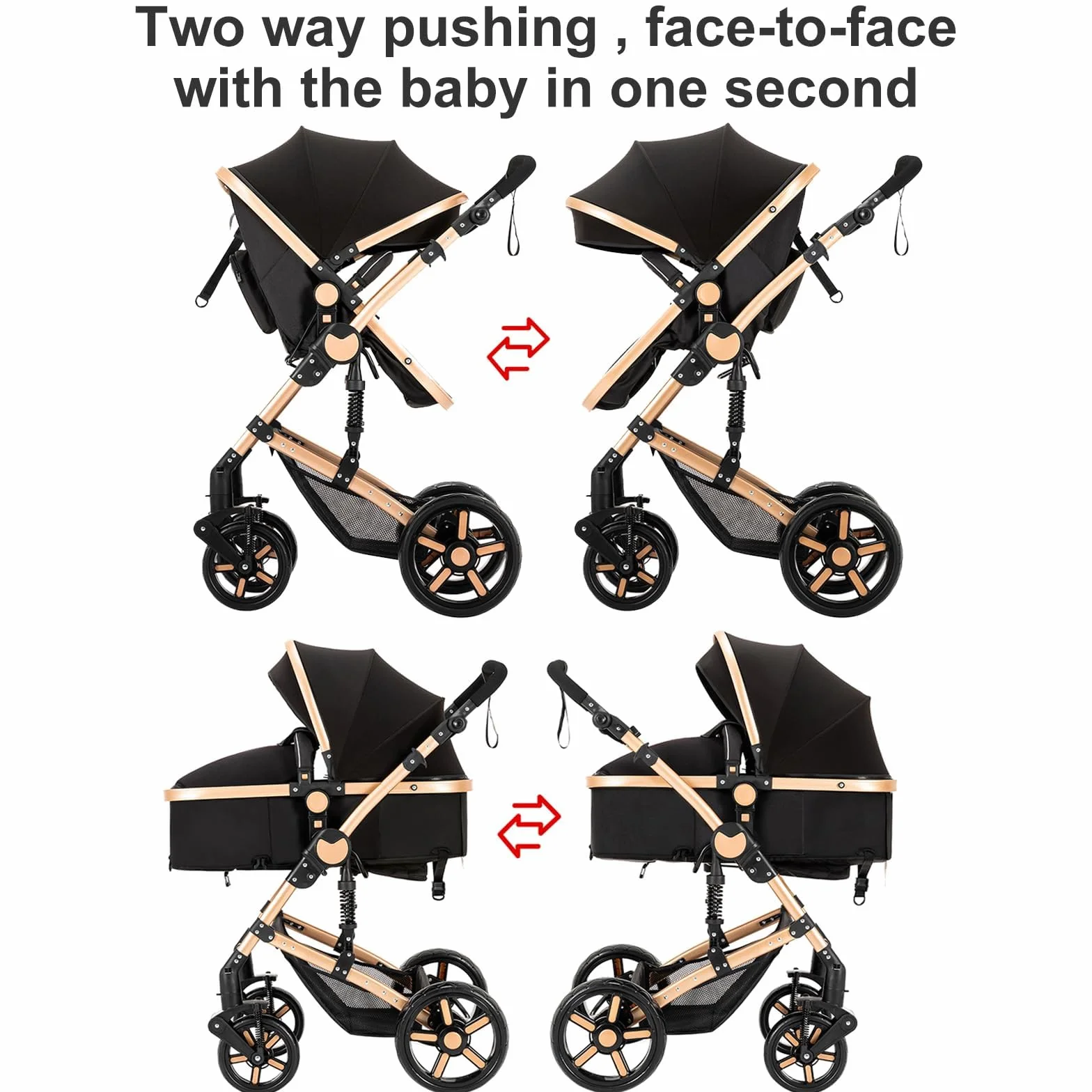 Poussette 3 en 1 Haute Vue Pliante Aluminium Système Voyage Bébé Noir Doré