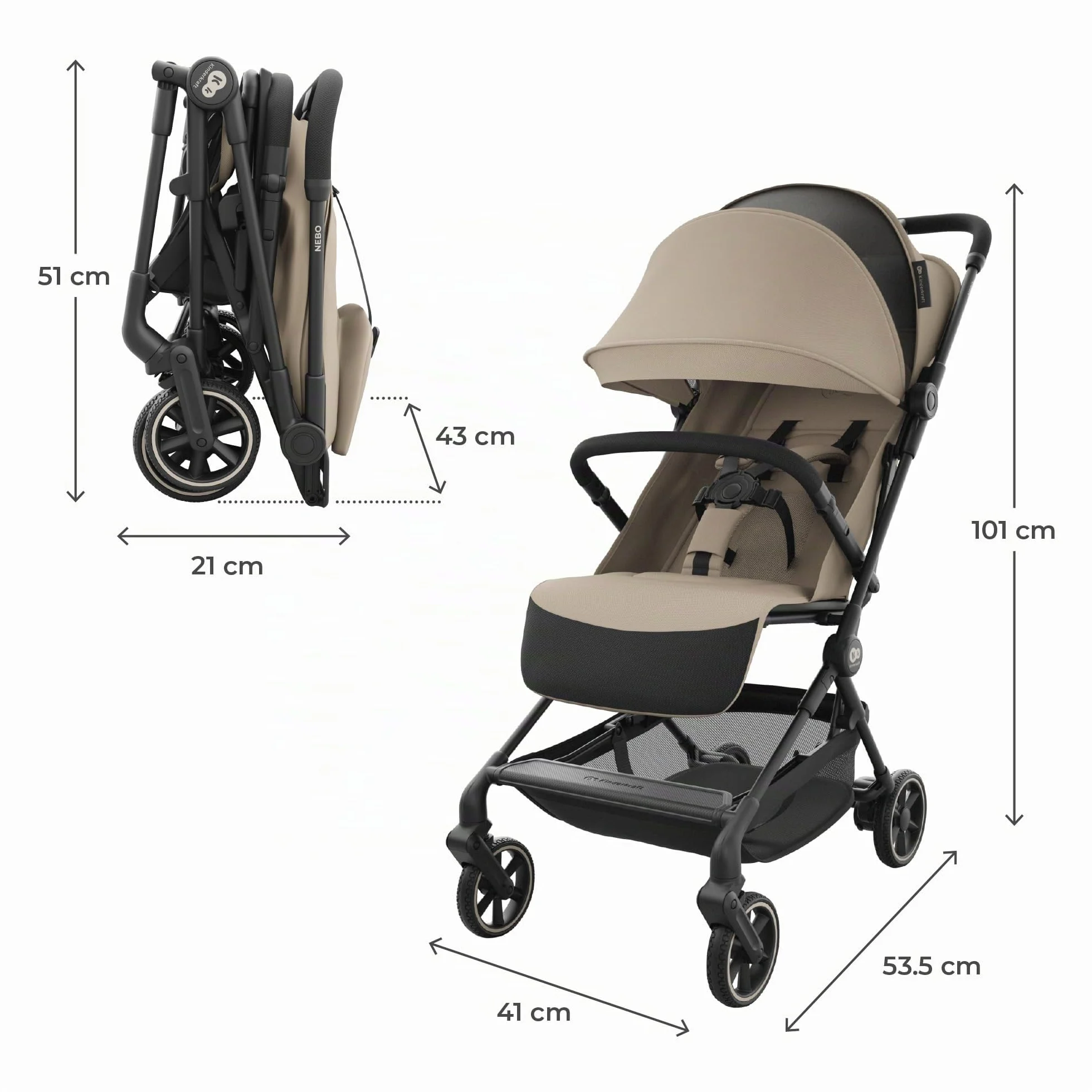 Kinderkraft NEBO poussette cabine ultralégère pliage une main 51×43×21 cm Beige
