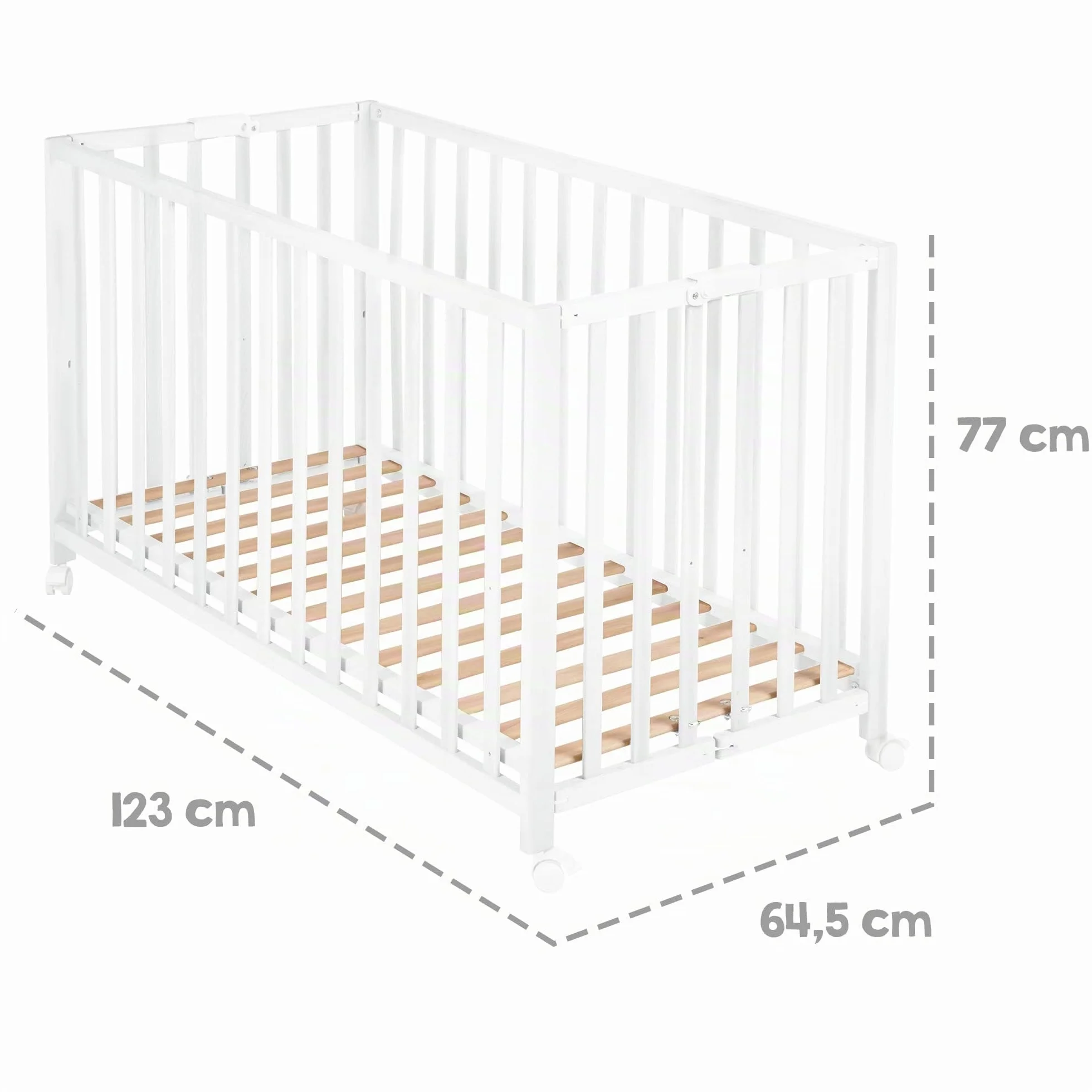 roba Lit Bébé Pliant en Hêtre Fold Up 60x120 cm avec Roulettes à Freins Blanc