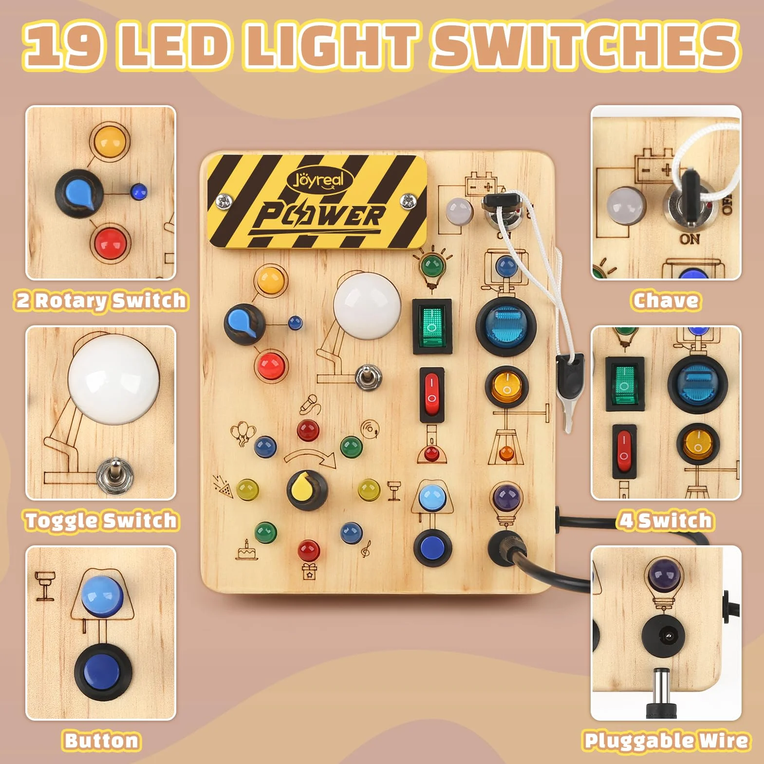 Joyreal Planche Busy Board Montessori en Bois avec 19 LED, Jouet Bebe 1 2 3 Ans, Tableau d'Activité Sensoriel