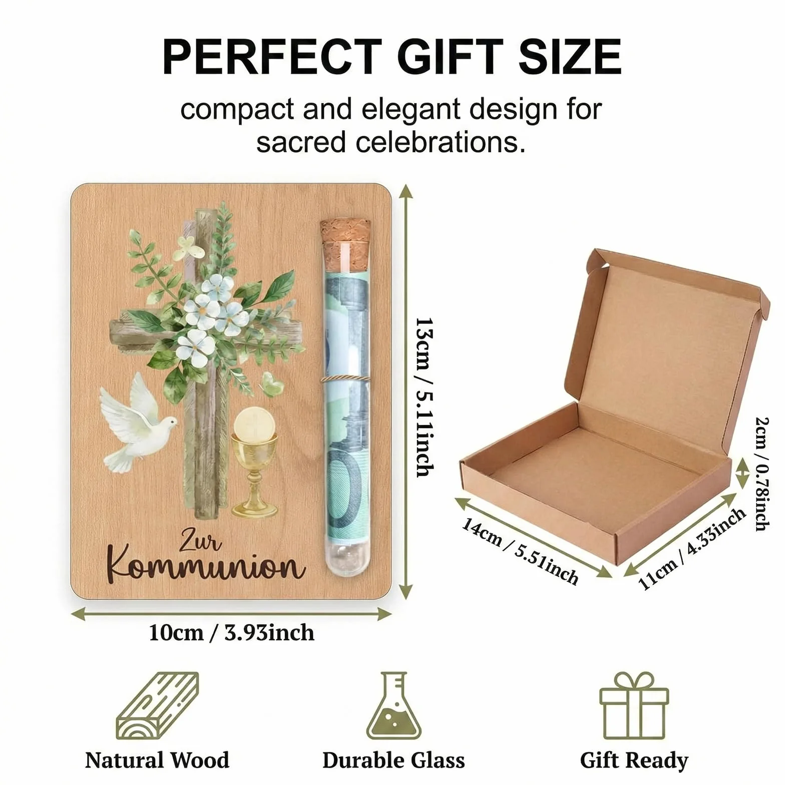 Carte en Bois Cadeau d’Argent Communion Motif Croix Colombe Tube à Essai Verre Boîte Cadeau Fille Garçon Confirmation