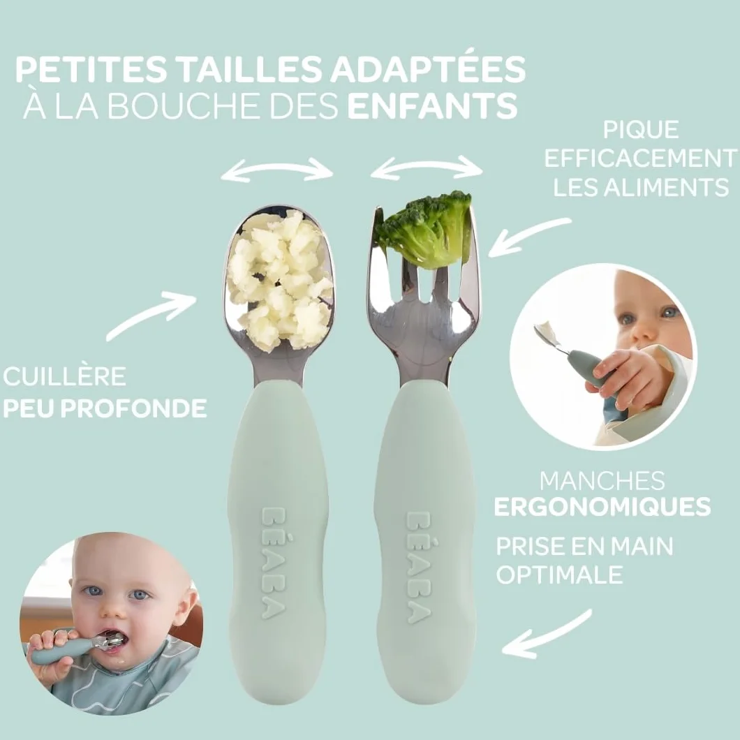 BÉABA Couverts bébé acier inoxydable silicone lot de 2 ergonomique apprentissage vert sauge
