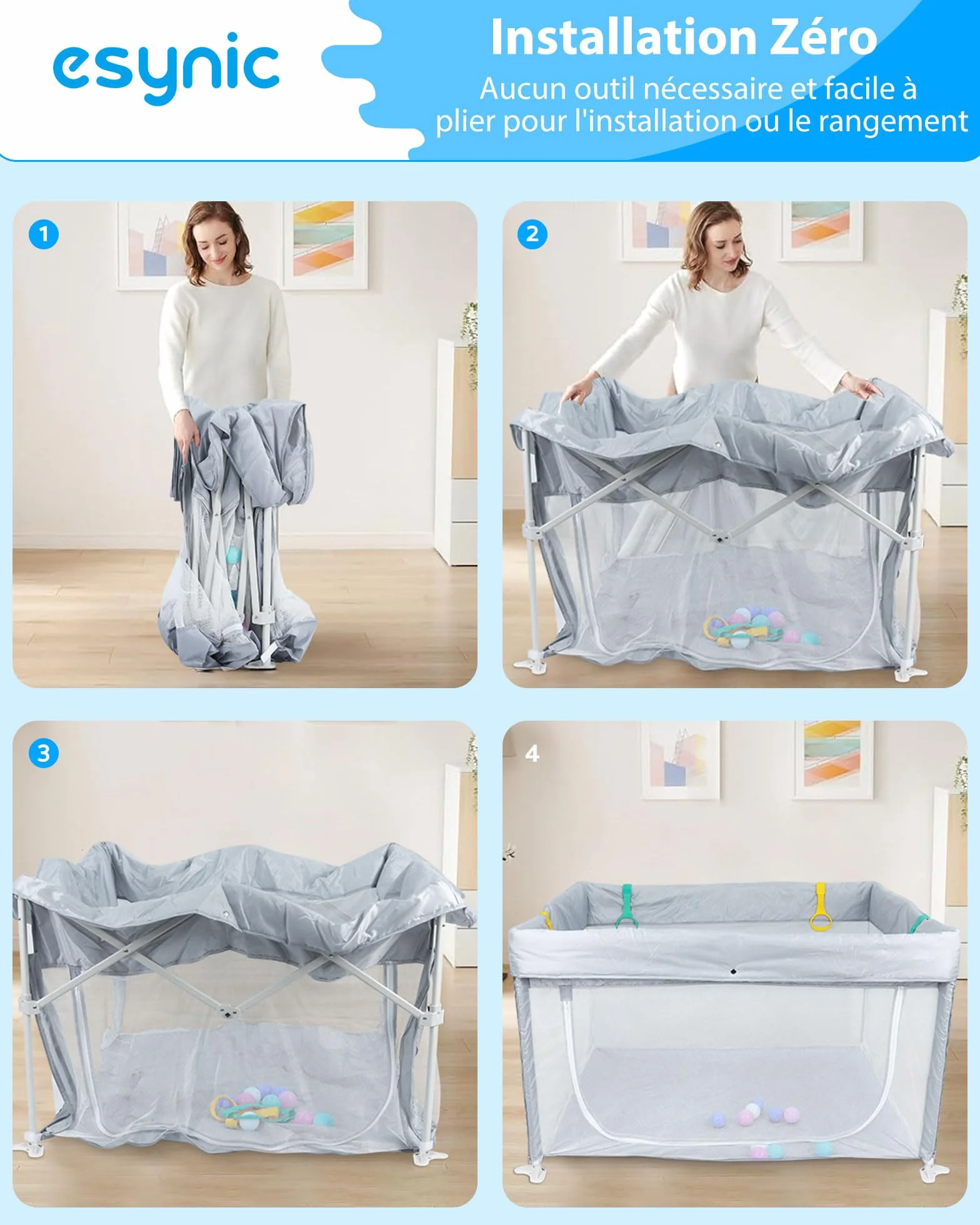 eSynic Parc Bébé Pliable 120x120cm avec 10 Boules et 4 Poignées Gris