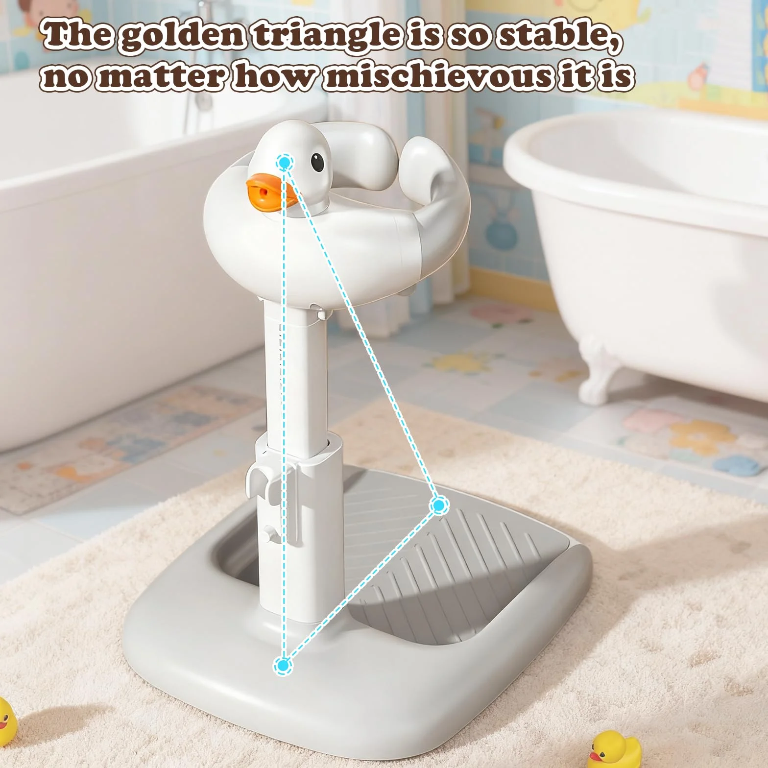 Support de Bain Bébé Debout avec Canard Sonore, Douchette Réglable en Hauteur, Siège Antidérapant 6-36 Mois