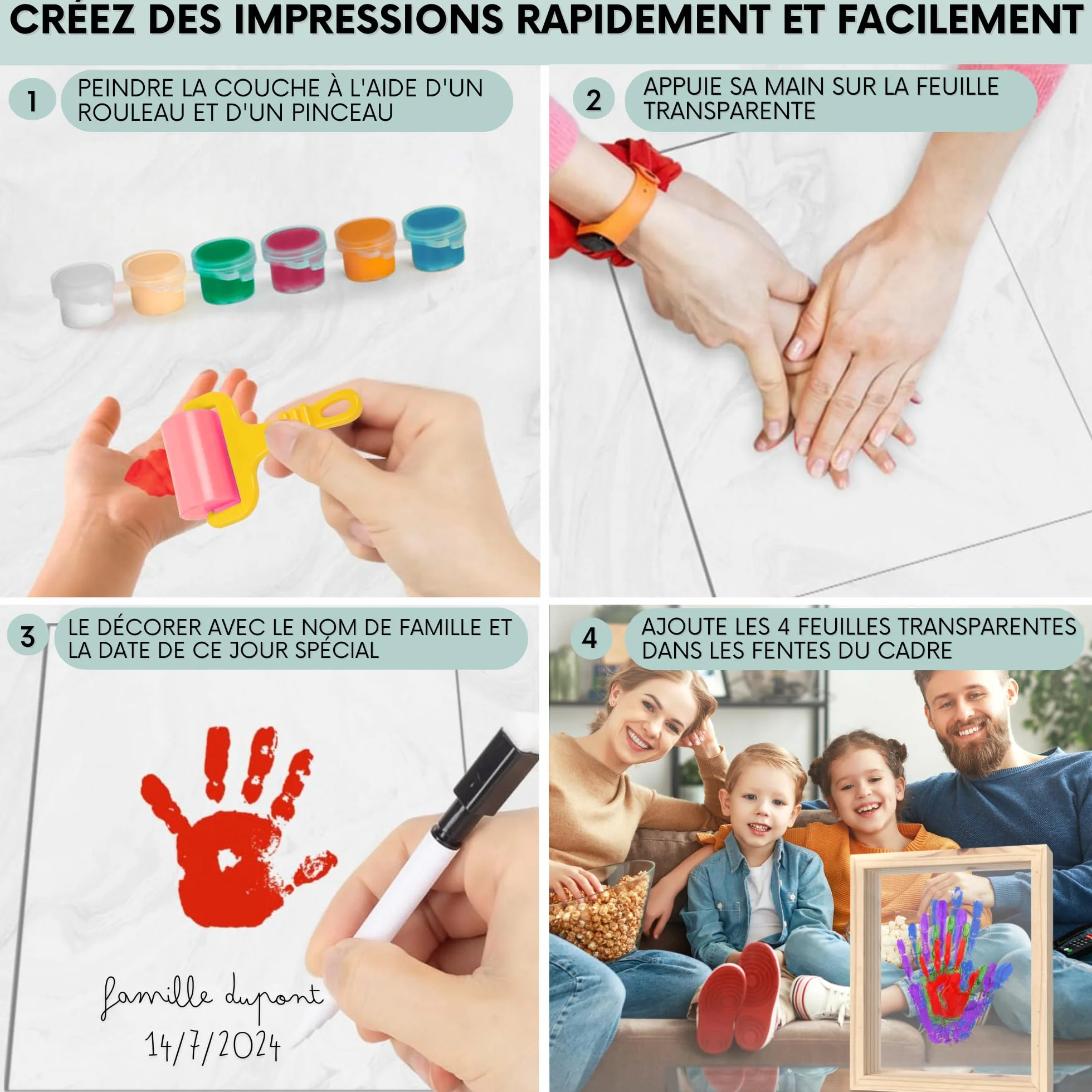 Kit Empreinte Bebe Cadre Empreinte Main Famille et Pied avec Espace 4 Empreintes Cadeau Naissance