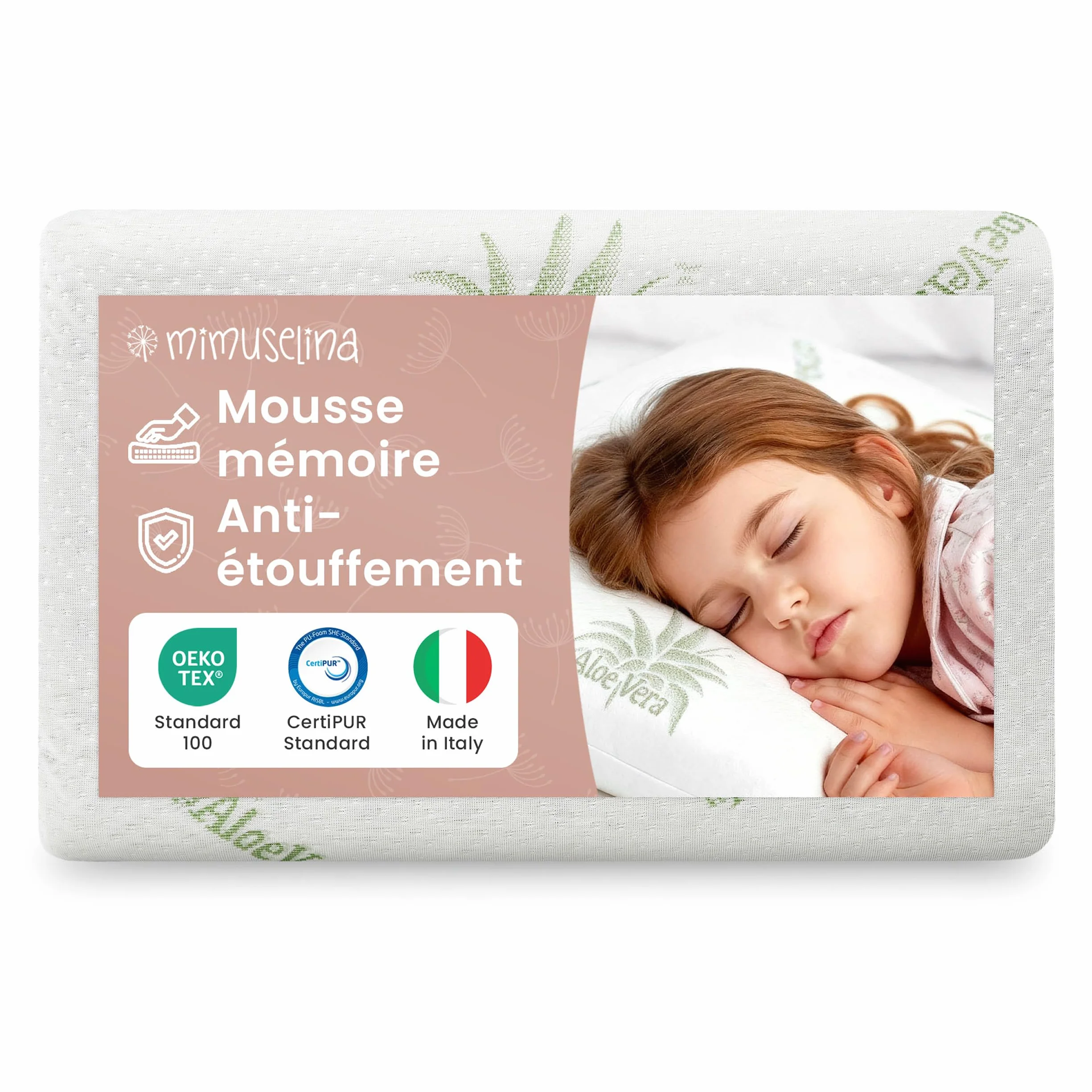 MIMUSELINA Oreiller Memoire Forme 50x30x5,5 cm pour Bébé et Enfants Anti-Étouffement Hypoallergénique